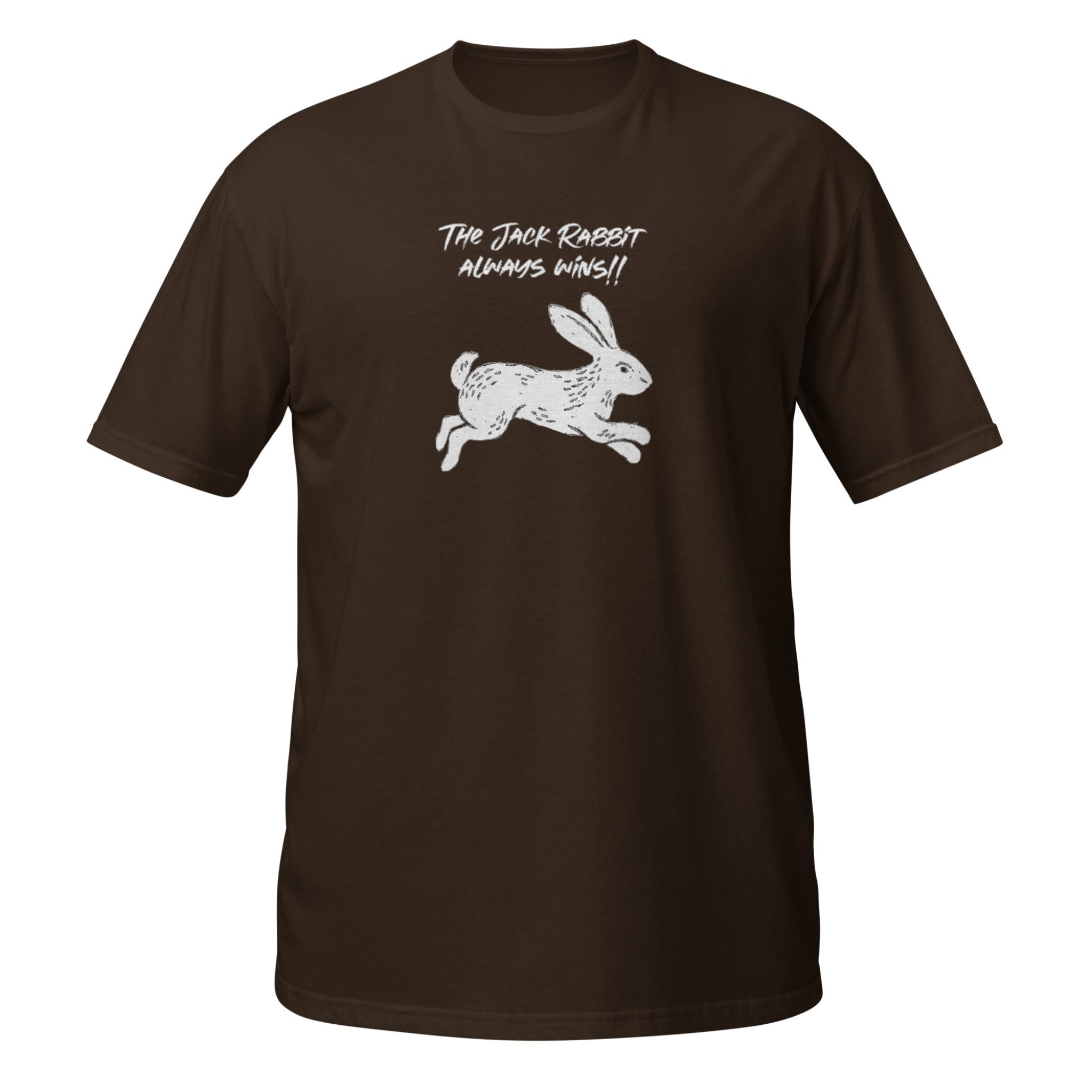 Brown t-shirt with white rabbit graphic and text on a white background