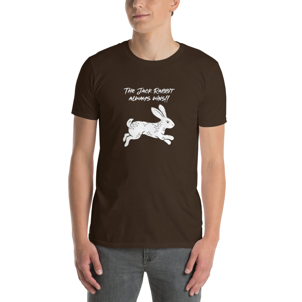 Person wearing a brown t-shirt with a graphic of a rabbit and text on a white background