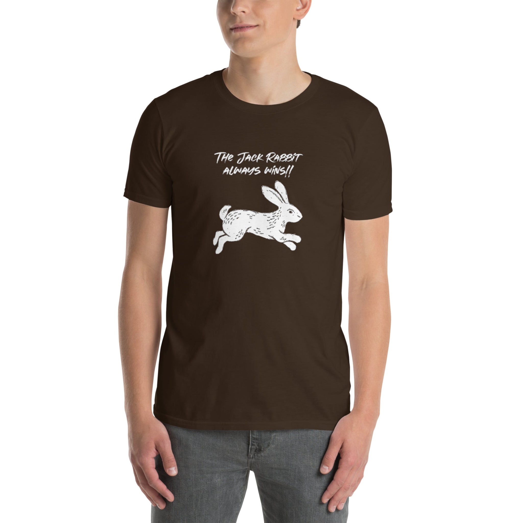 Person wearing a brown t-shirt with a graphic of a rabbit and text on a white background