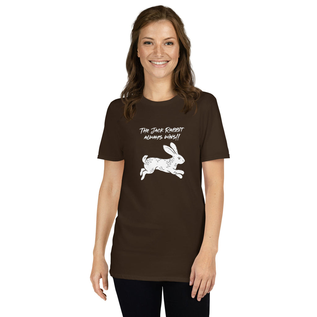 Woman wearing a brown t-shirt with white rabbit graphic and text on a white background