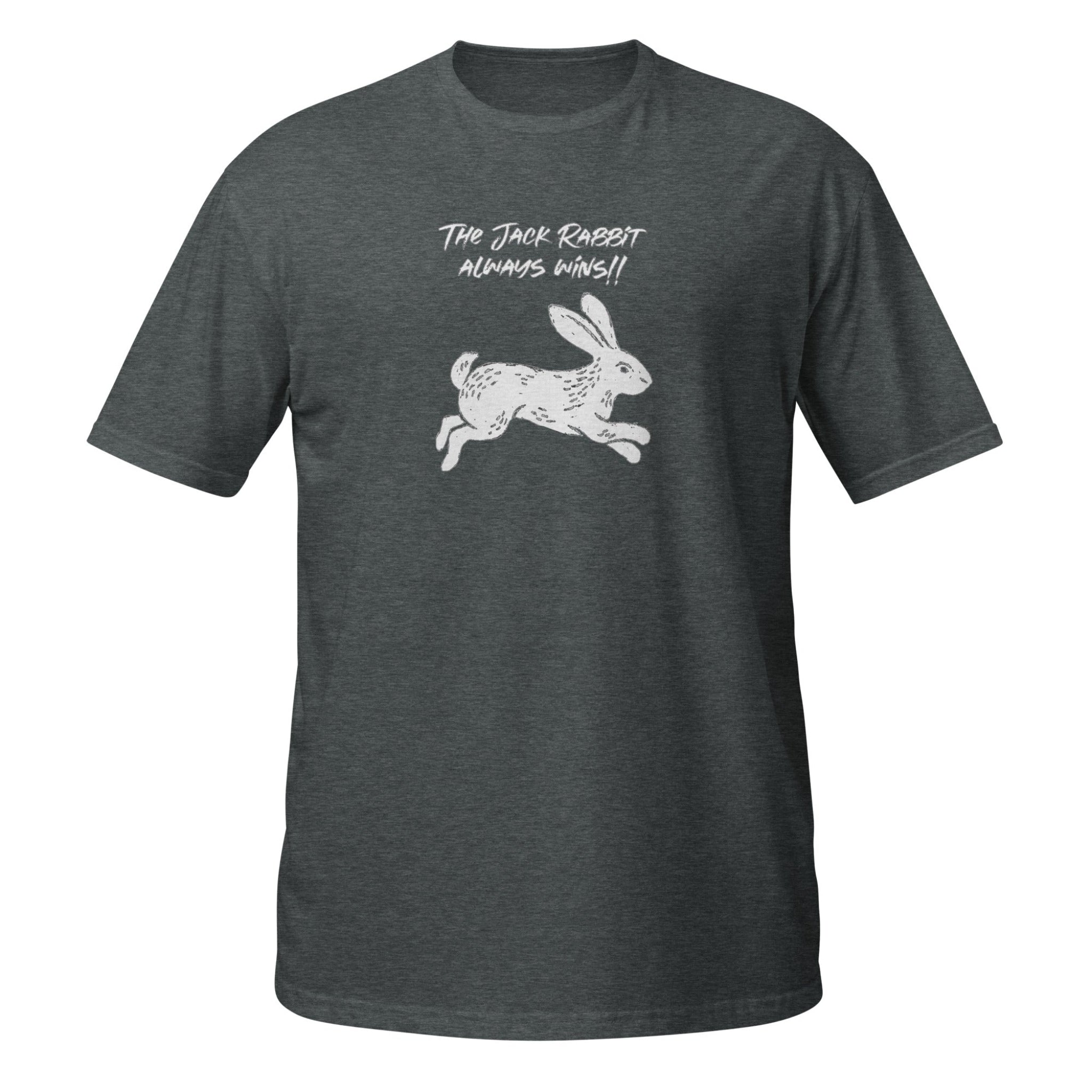 Grey t-shirt with white rabbit graphic and text on a white background