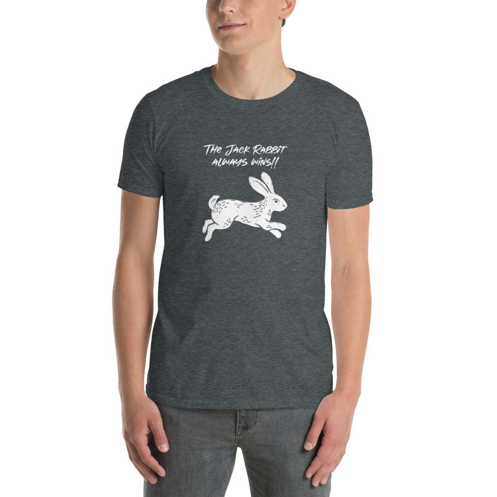 Person wearing a dark gray t-shirt with a white rabbit graphic and text on a white background