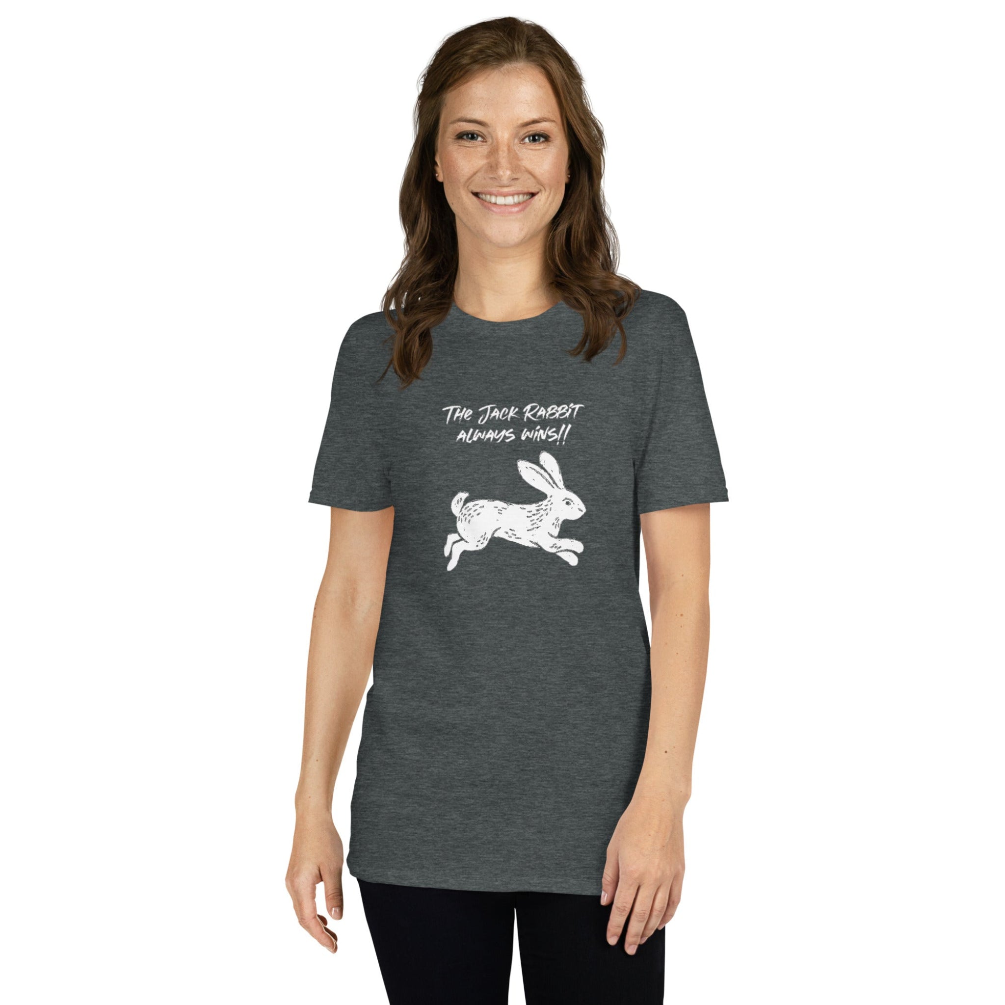 Woman wearing a grey t-shirt with white rabbit graphic and text on a white background
