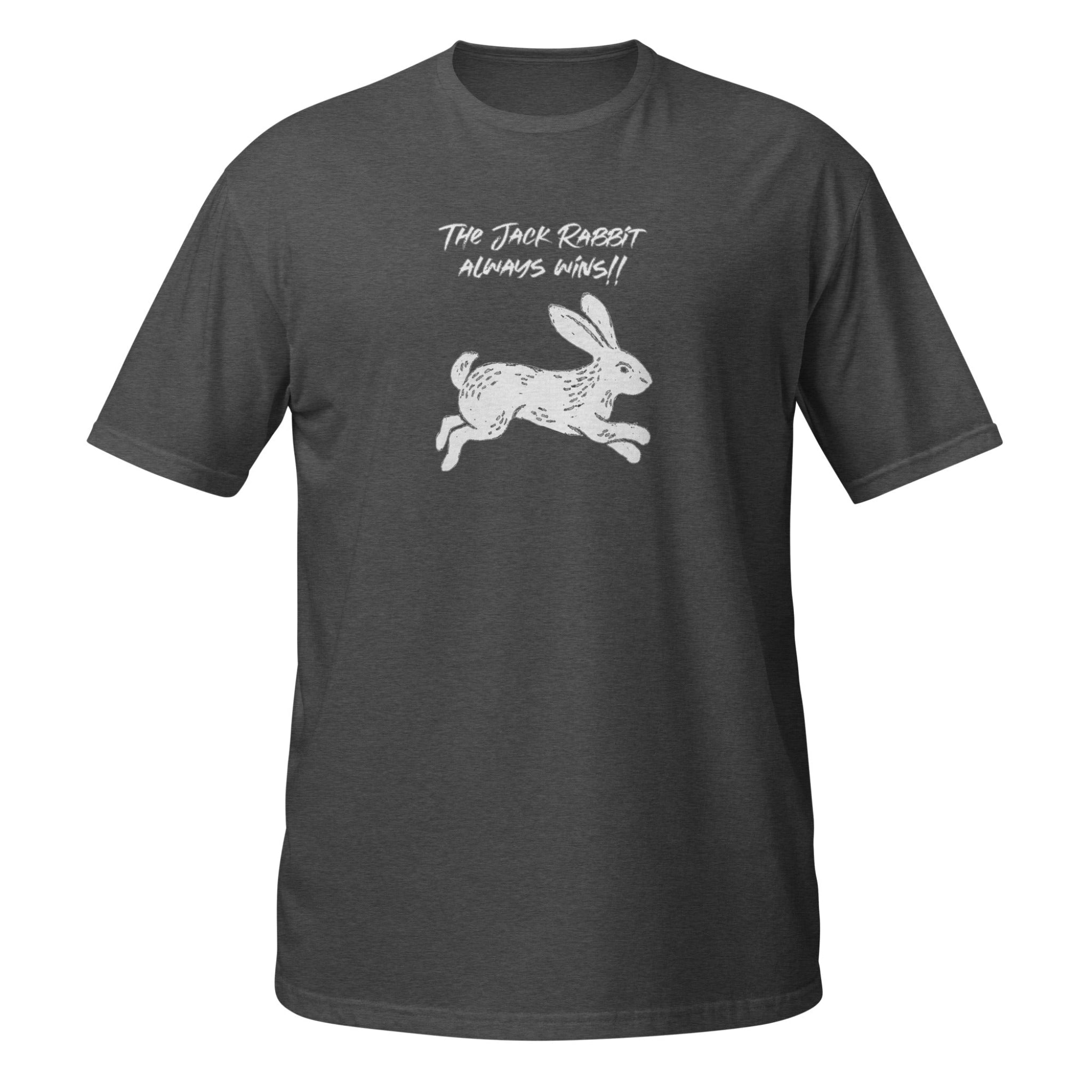 Dark gray t-shirt with white graphic and text on a white background