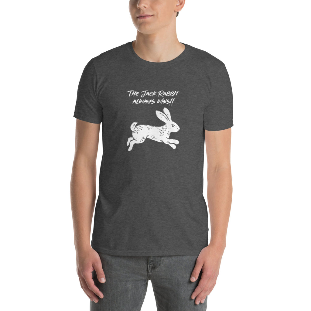 Man wearing a grey t-shirt with white rabbit graphic and text on a white background