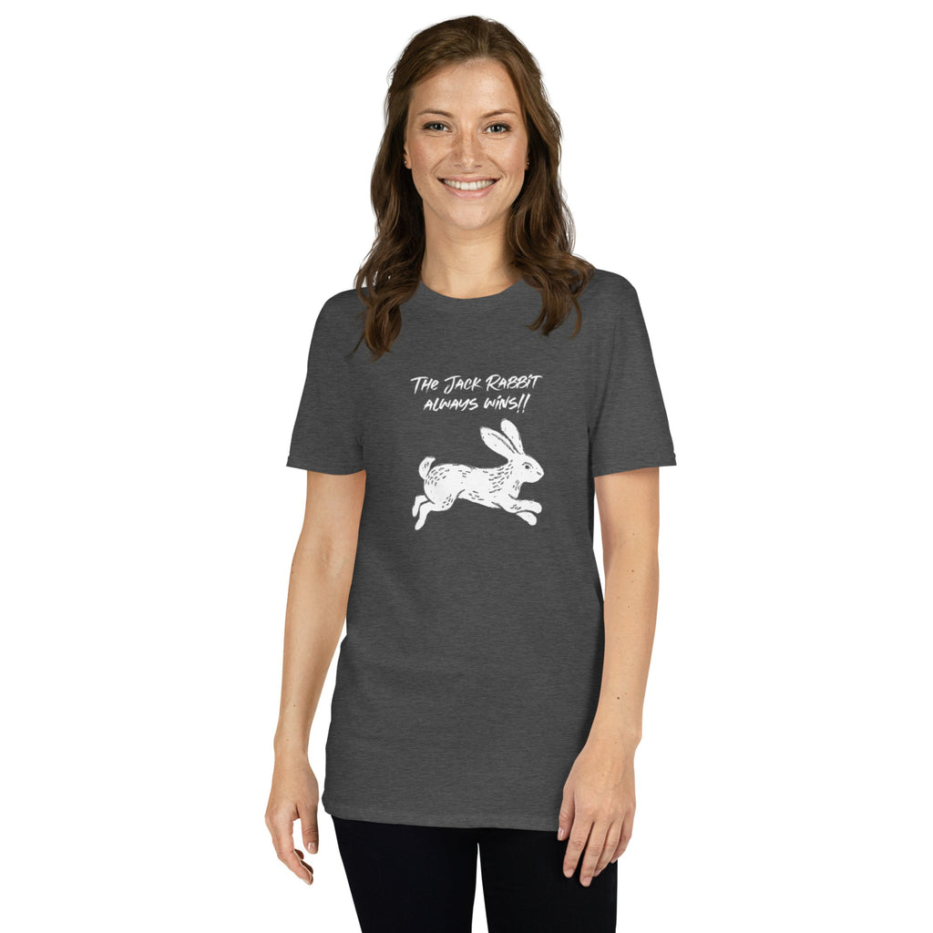 Woman wearing a blue t-shirt with text and graphic design on a white background