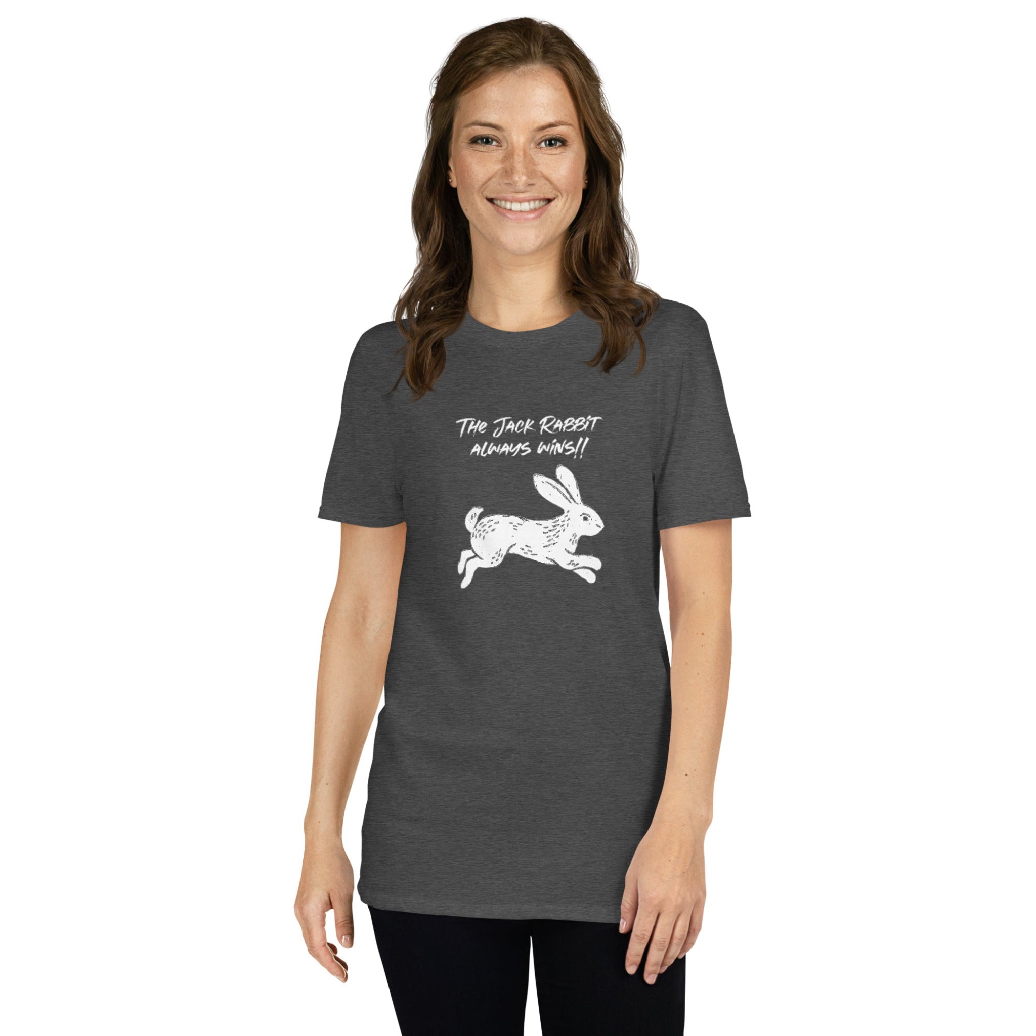 Woman wearing a blue t-shirt with text and graphic design on a white background