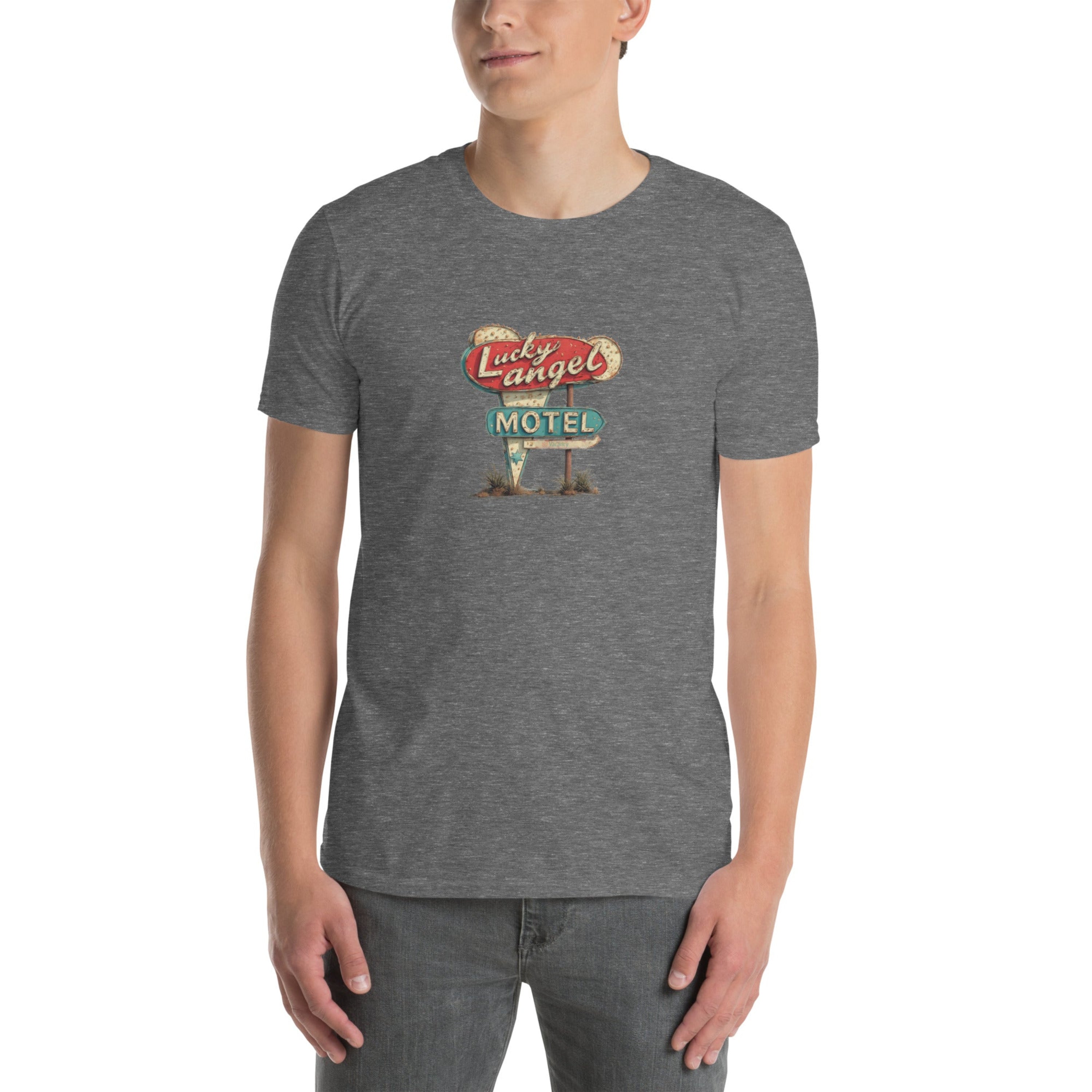Person wearing a gray t-shirt with a vintage motel sign graphic on a white background.
