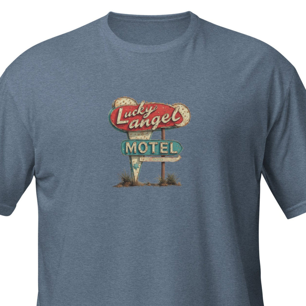 Blue t-shirt with Vintage style Route 66 motel sign on a white background. 