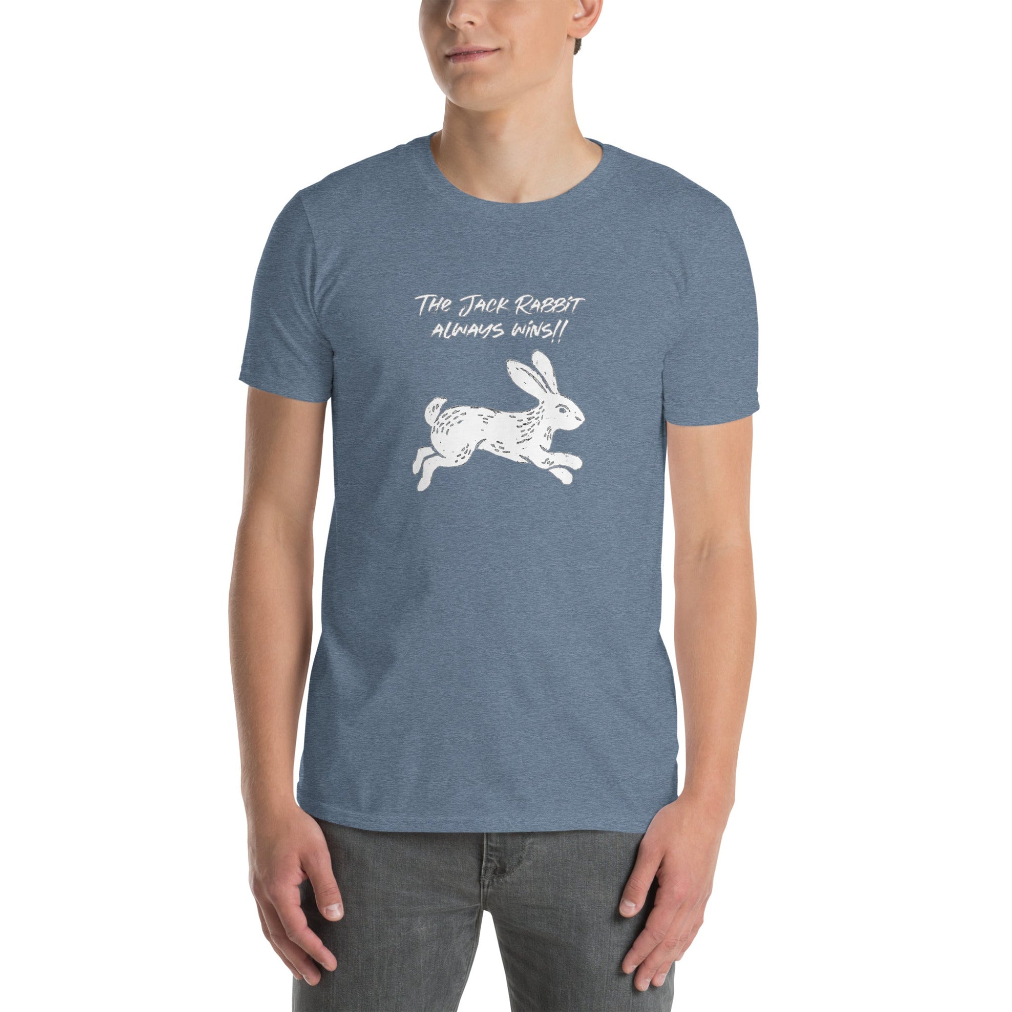 Person wearing a blue t-shirt with a white rabbit graphic and text on a white background