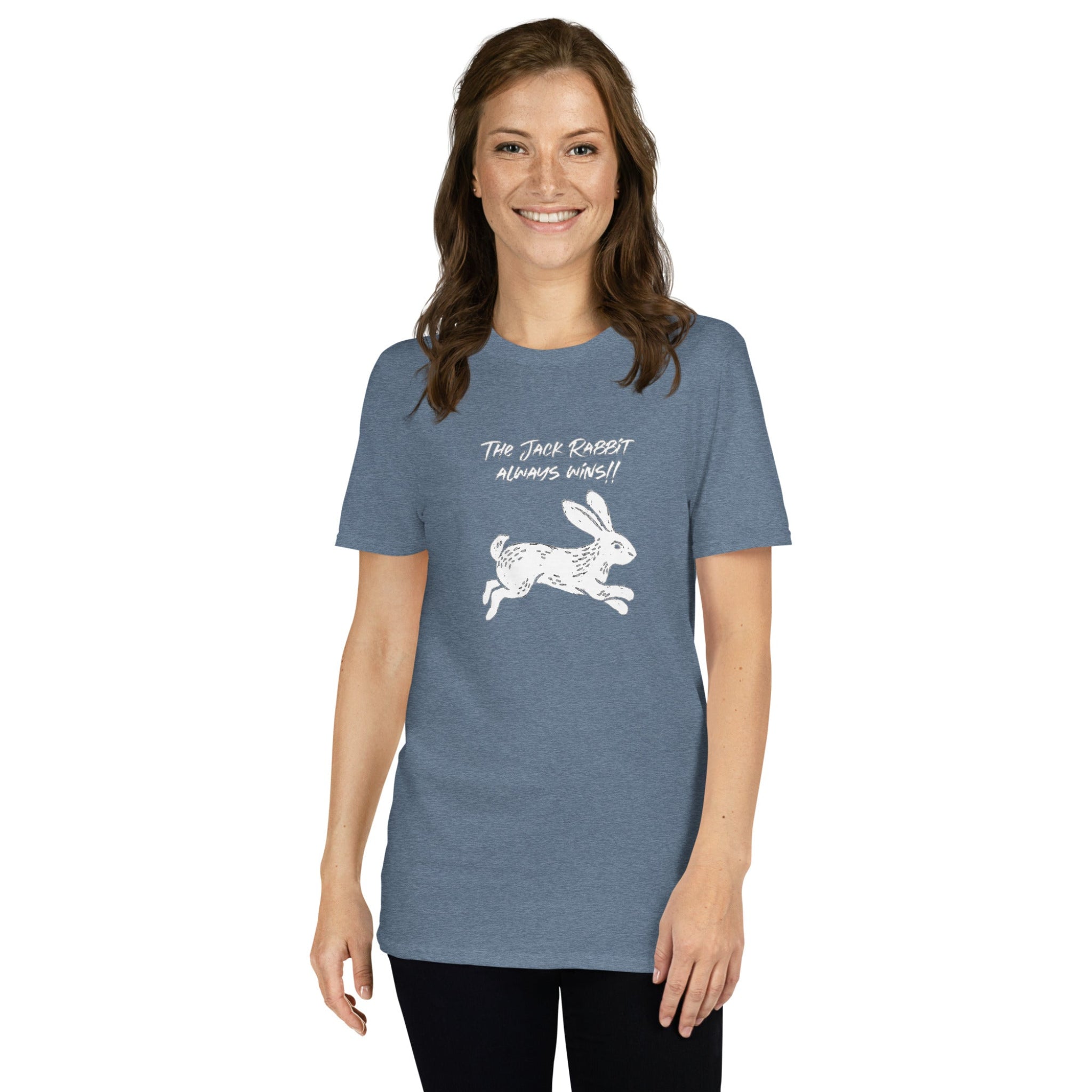 Woman wearing a blue t-shirt with white rabbit graphic and text on a white background