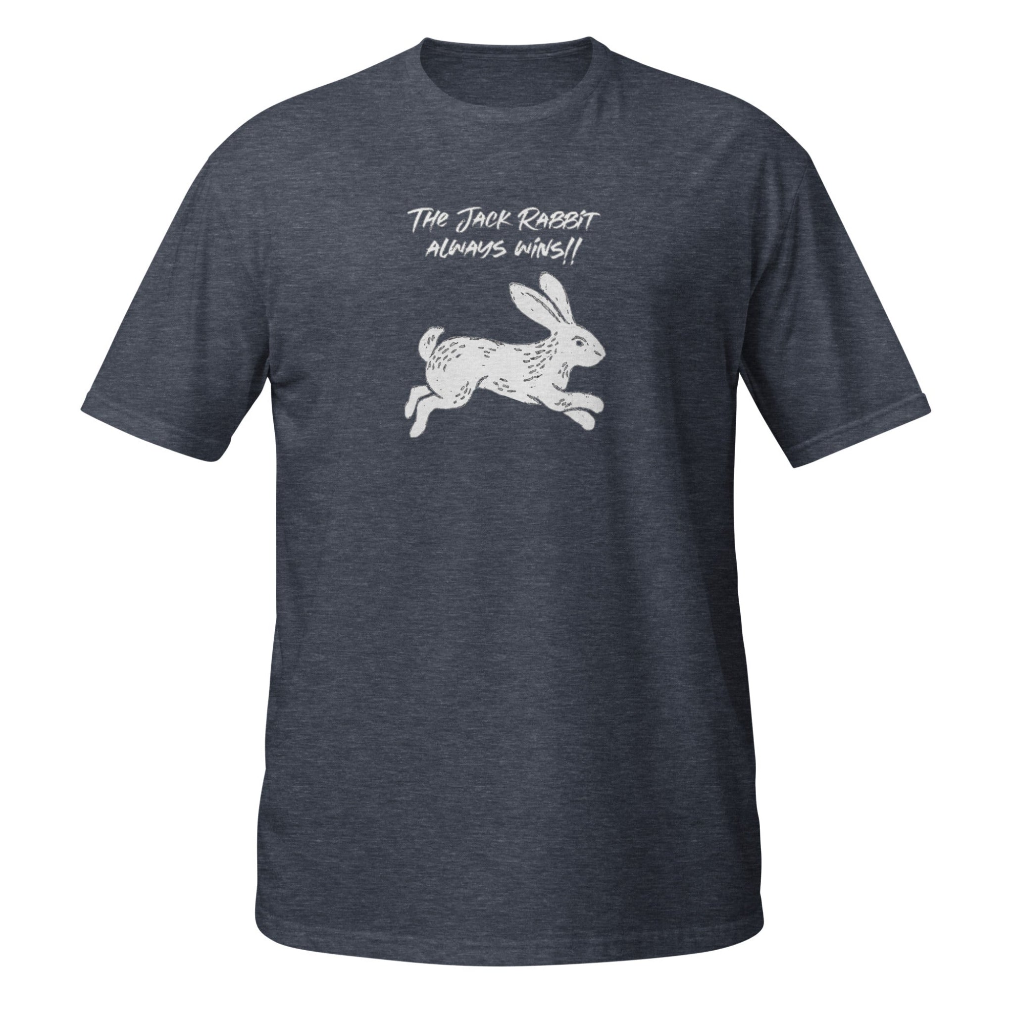 Dark gray t-shirt with white graphic and text on a white background