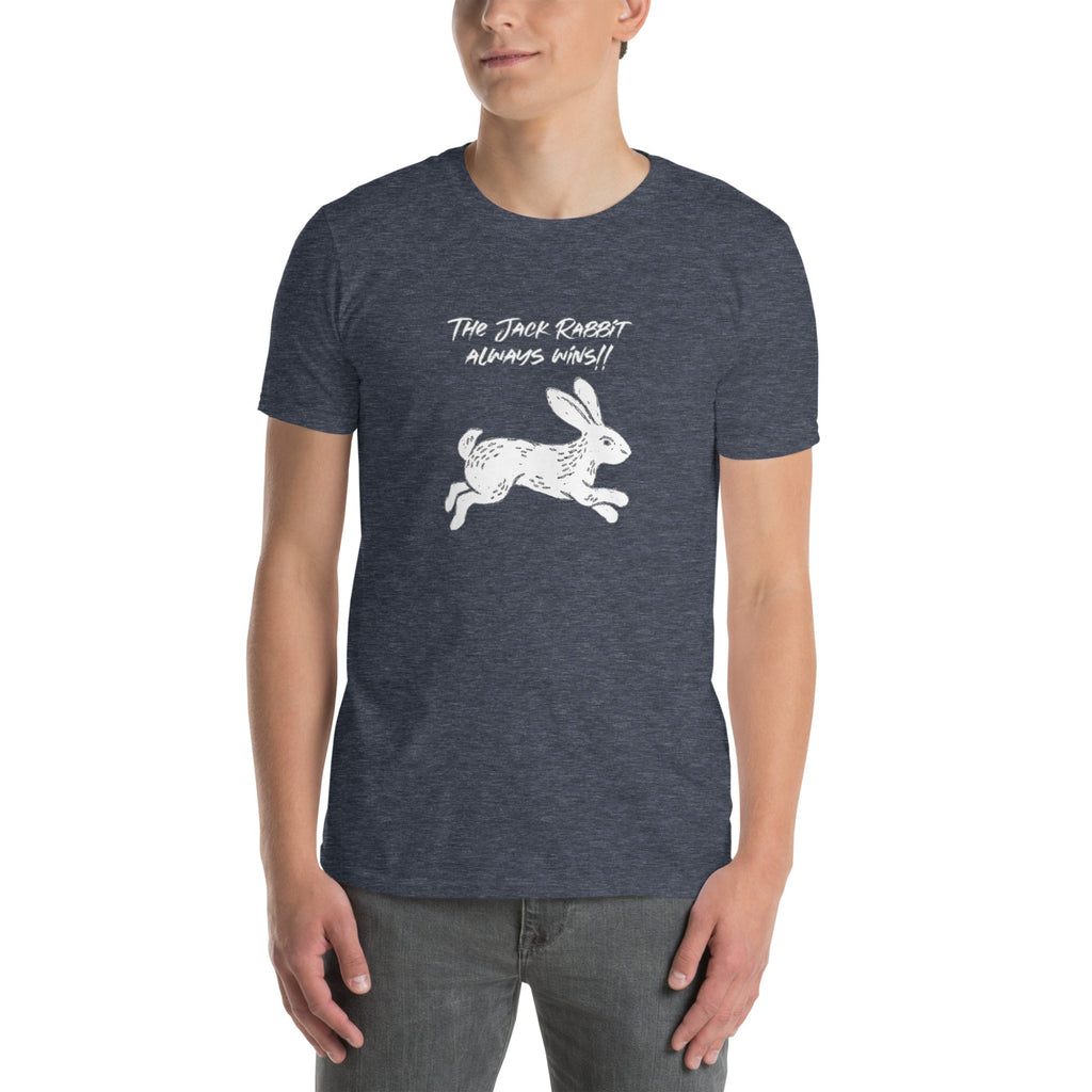 Person wearing a dark blue t-shirt with a white rabbit graphic and text on a white background