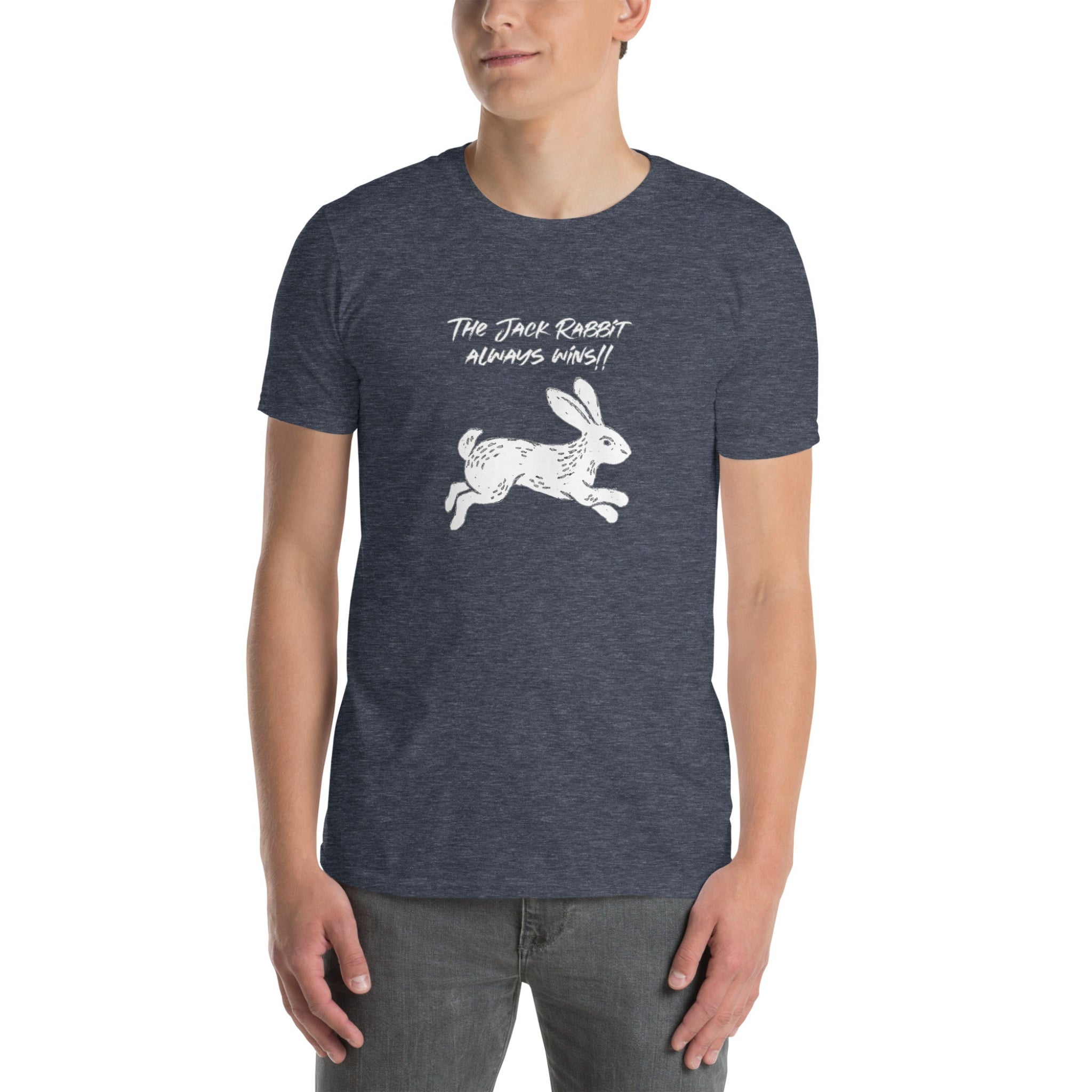 Person wearing a dark blue t-shirt with a white rabbit graphic and text on a white background