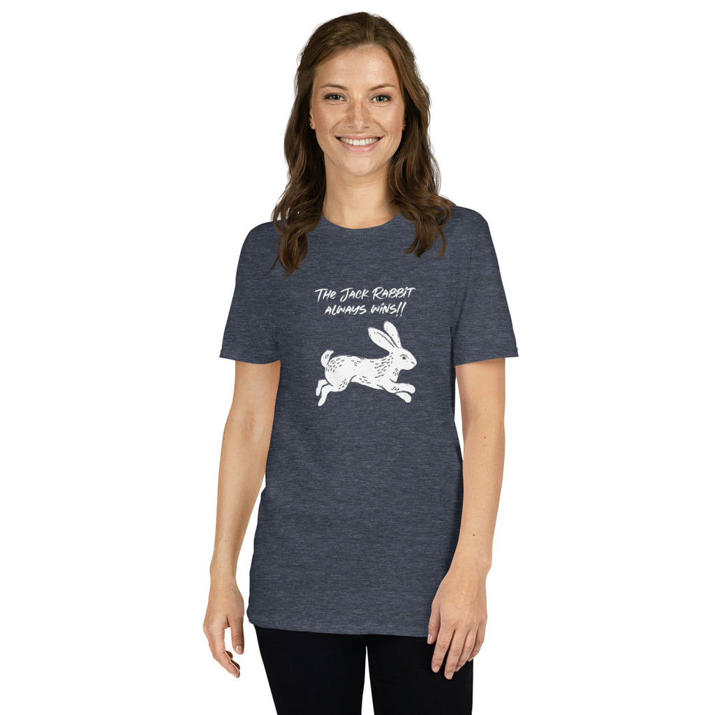 Woman wearing a heather grey t-shirt with white rabbit graphic and text on a white background