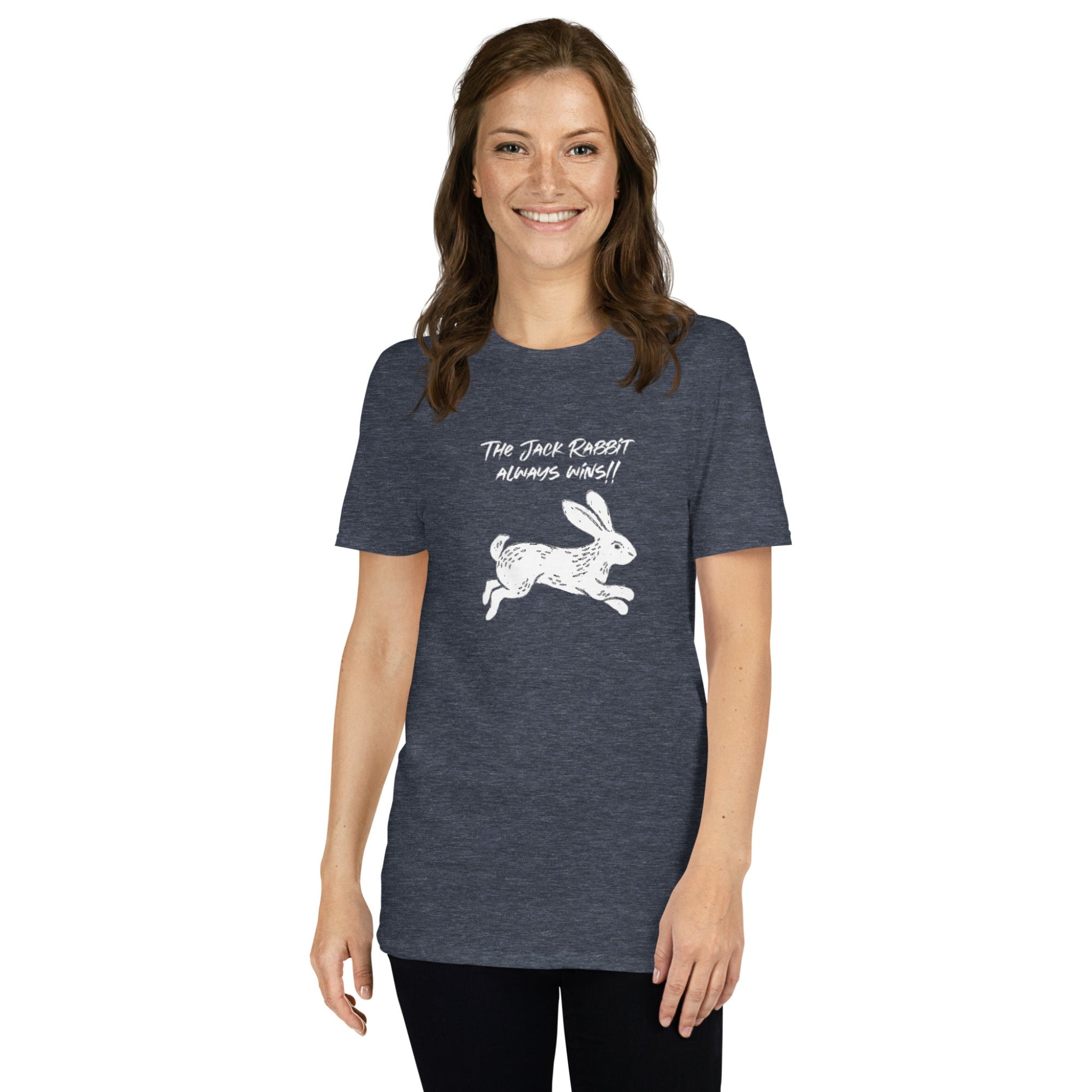 Woman wearing a heather grey t-shirt with white rabbit graphic and text on a white background