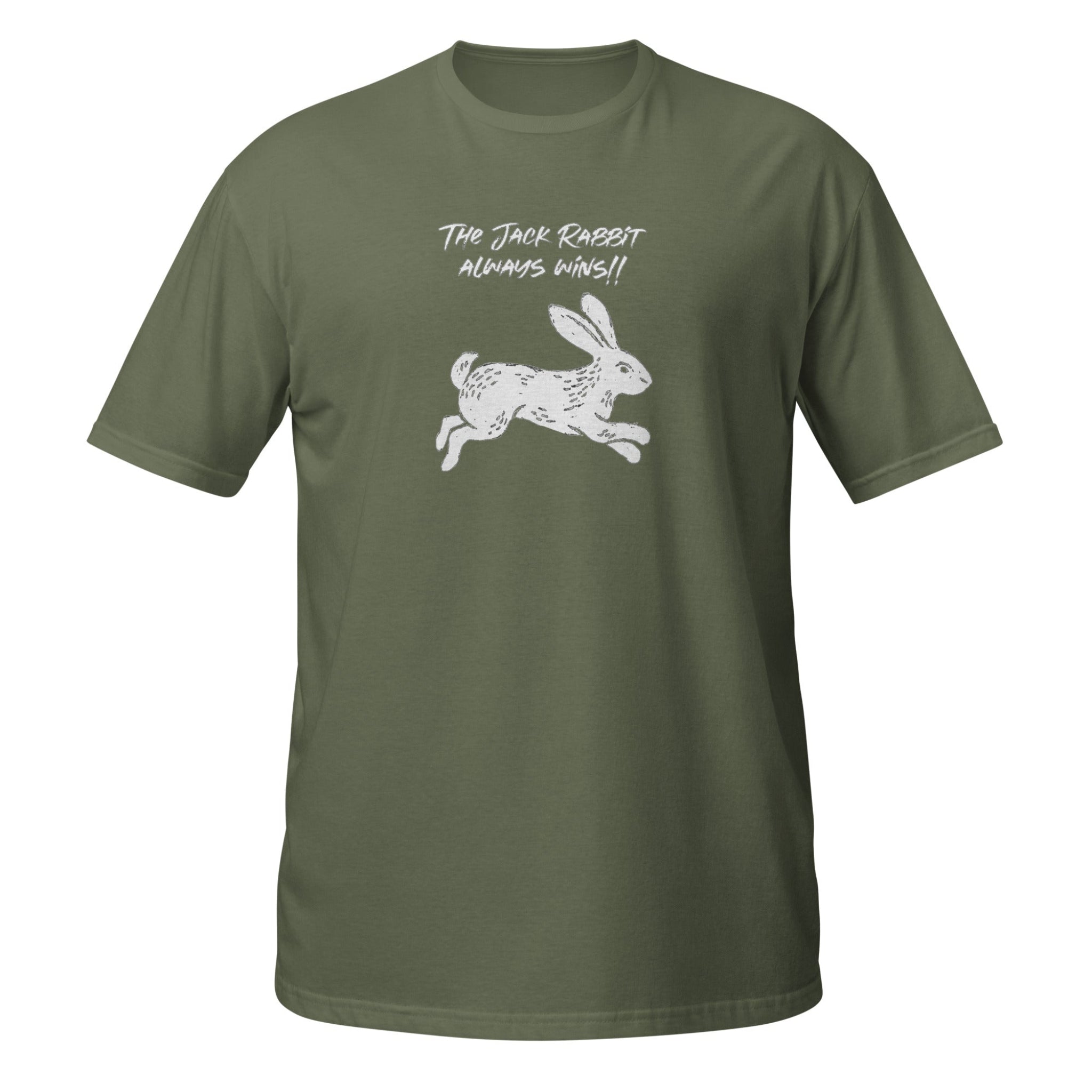 Green t-shirt with a white rabbit graphic and text on a white background