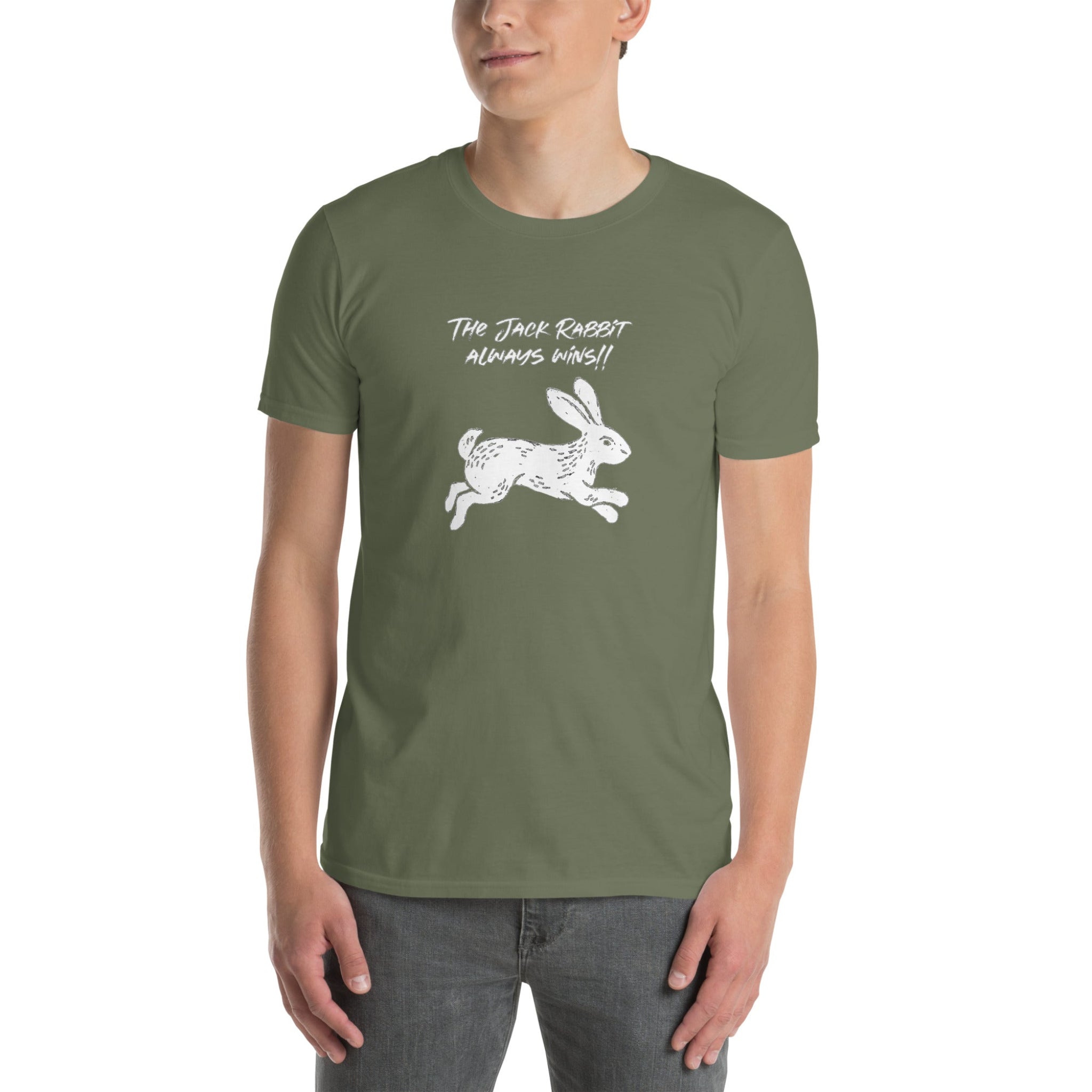 Person wearing a green t-shirt with a rabbit graphic and text on a white background