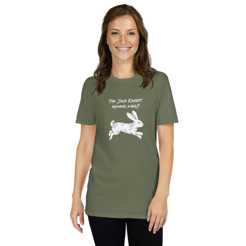Woman wearing a green t-shirt with white rabbit graphic and text on a white background