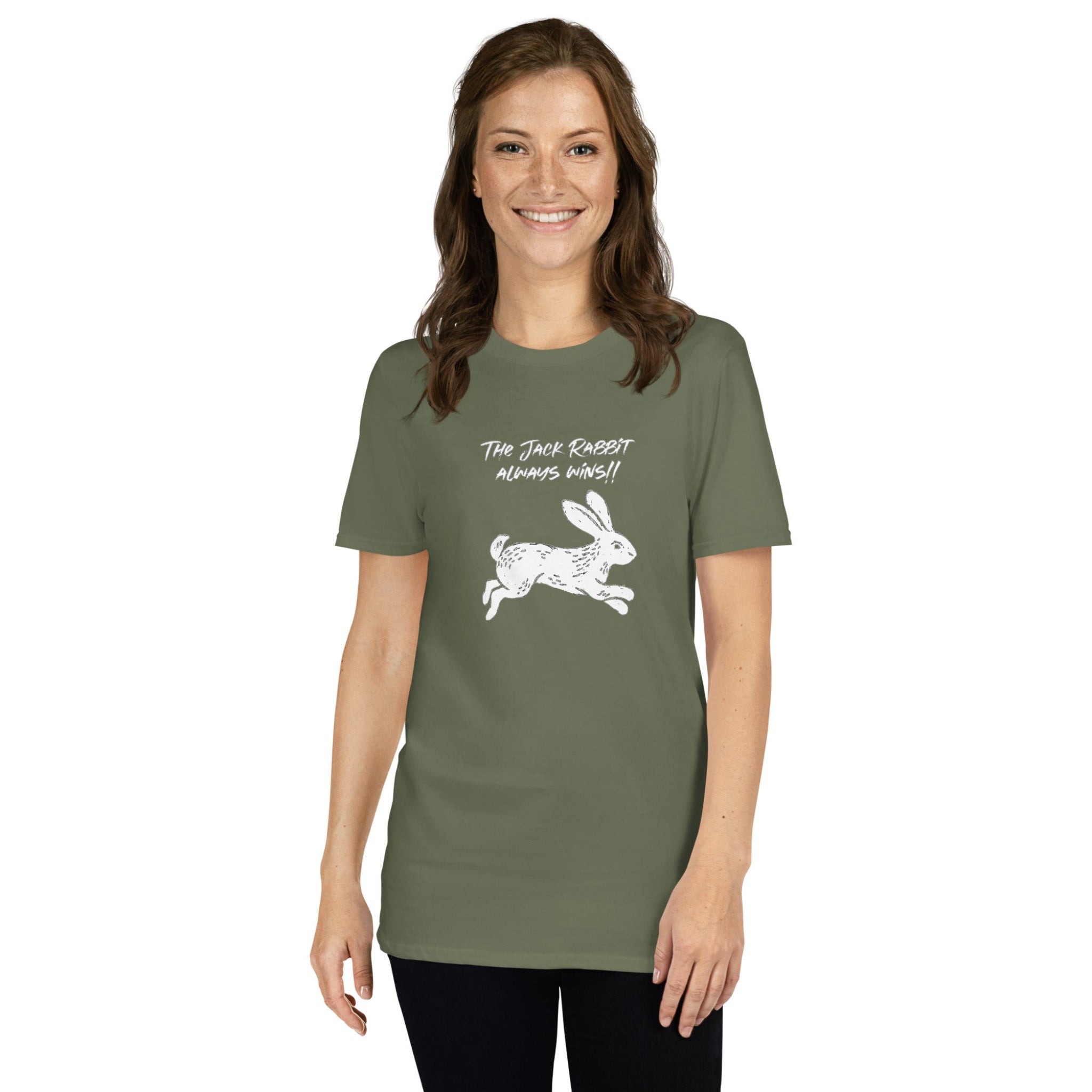 Woman wearing a green t-shirt with white rabbit graphic and text on a white background