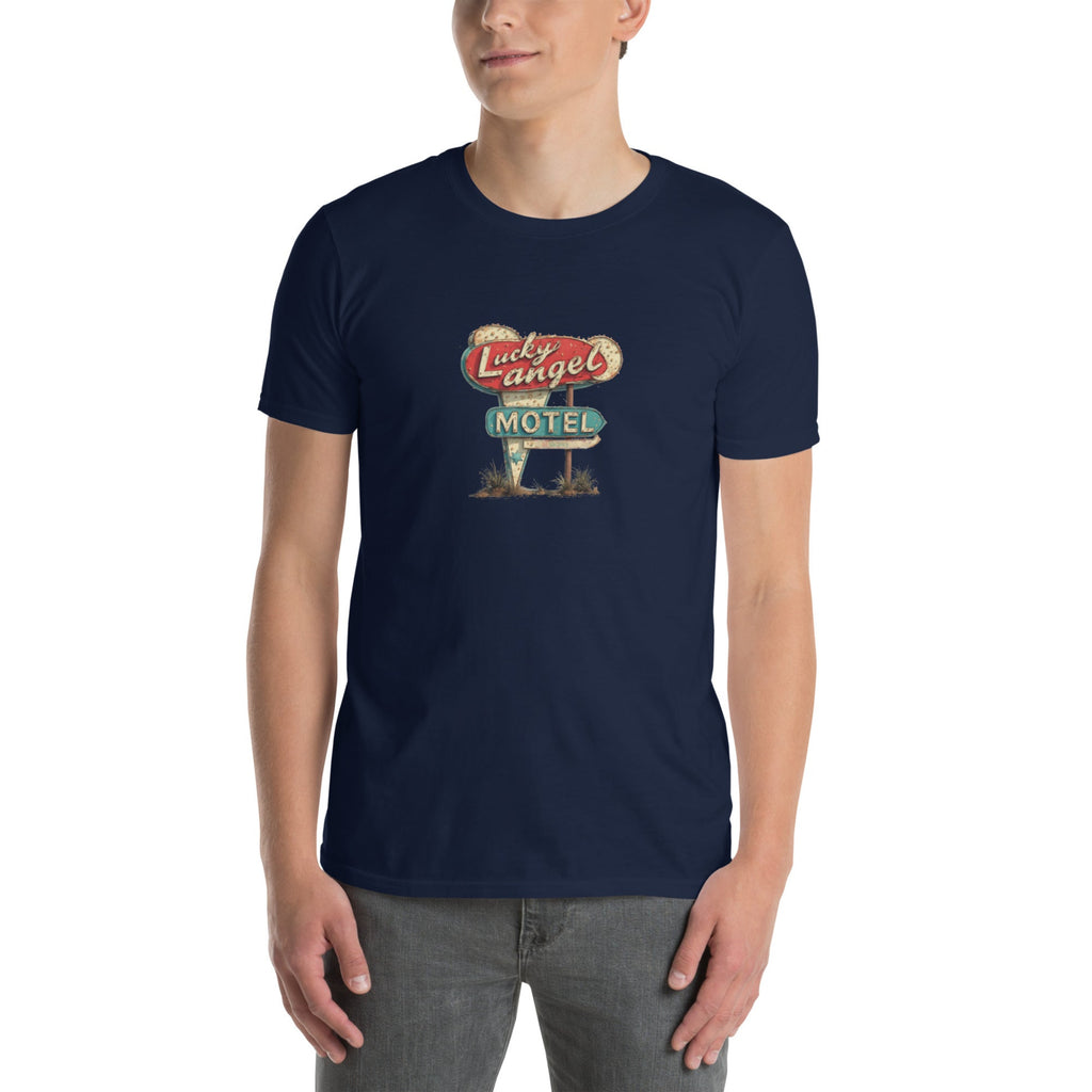 Person wearing a navy blue t-shirt with a vintage style motel sign design on a white background.