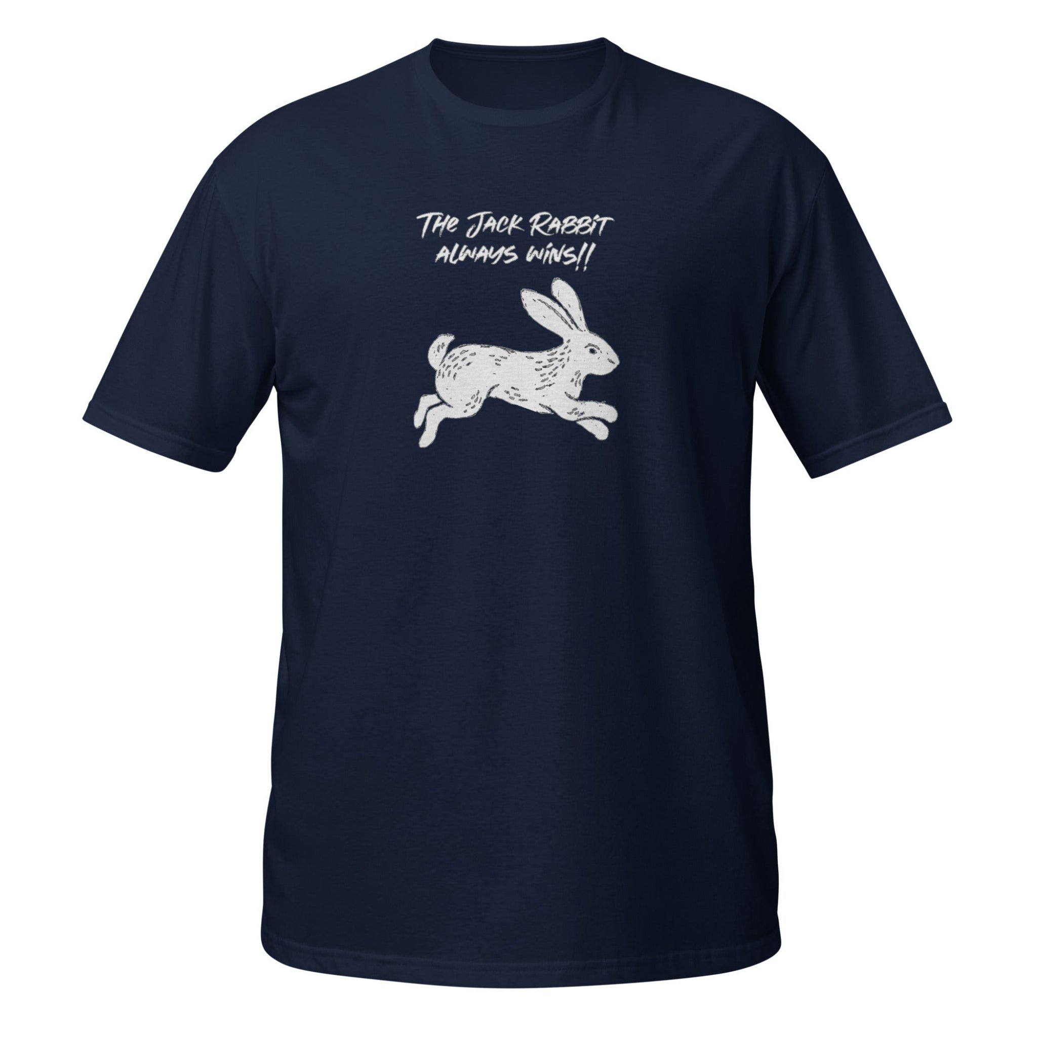 Navy blue t-shirt with white rabbit graphic and text on a white background