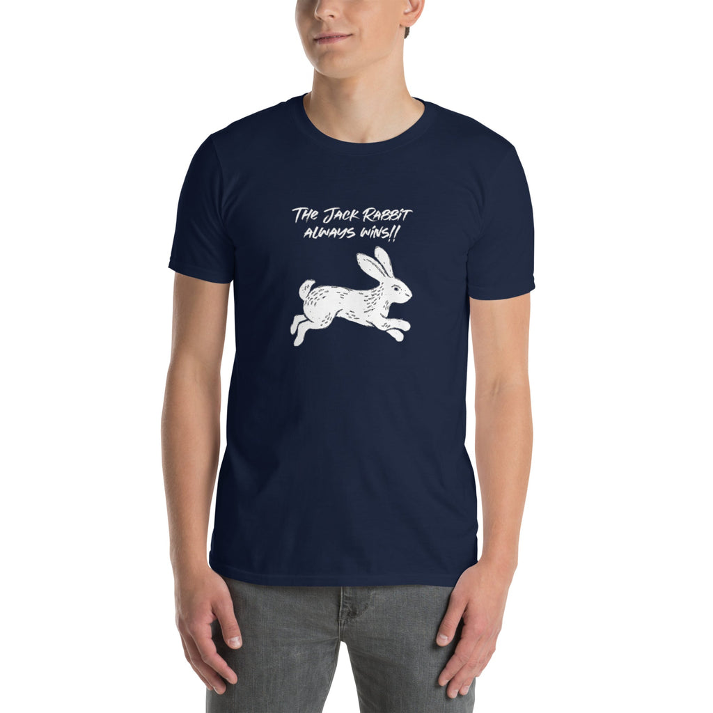 Man wearing a navy blue t-shirt with white rabbit graphic and text on a white background
