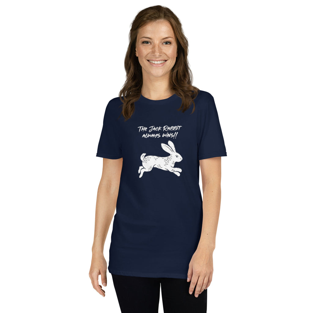 Woman wearing a t-shirt with white rabbit graphic and text on a white background