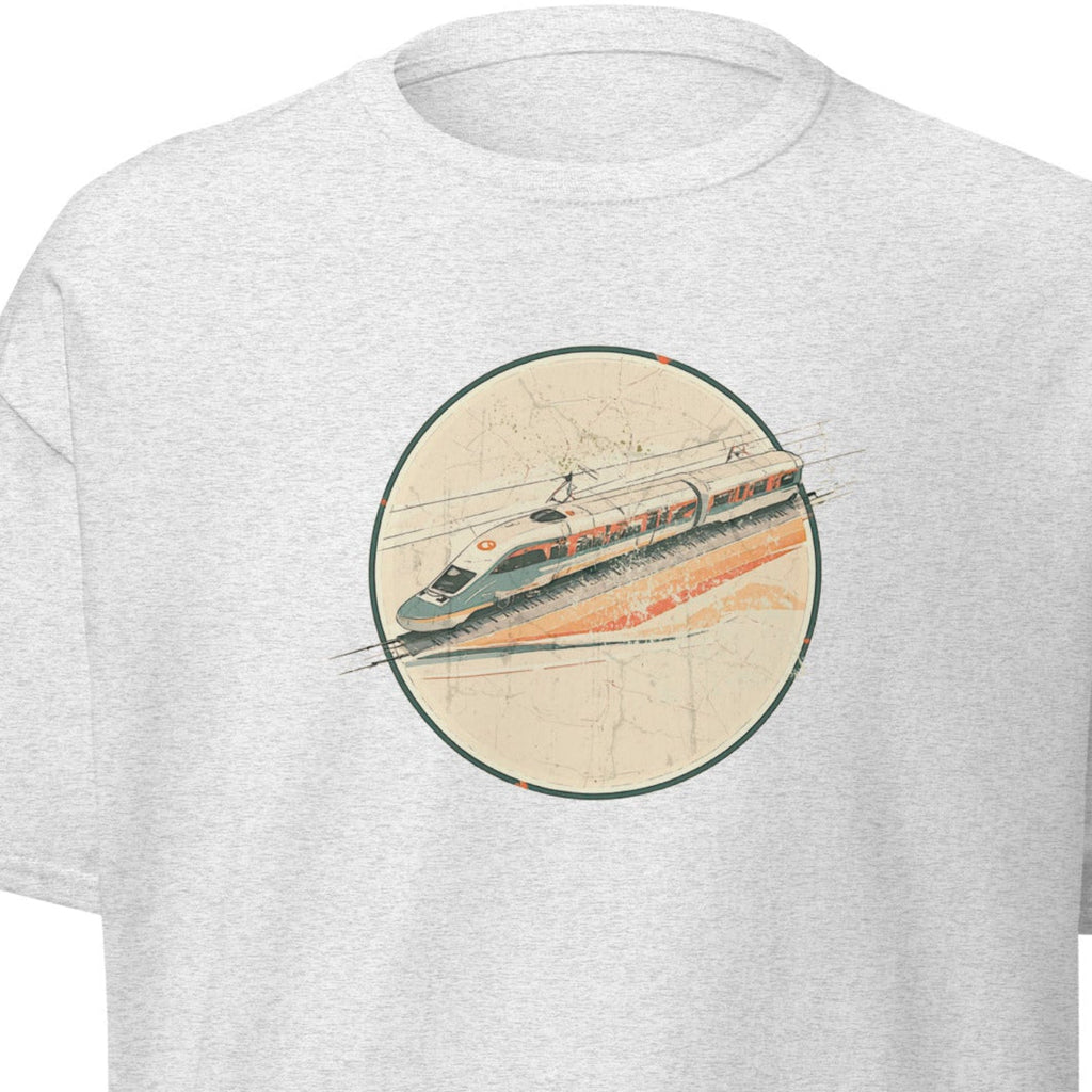 White t-shirt with a circular graphic of a train design on a white background