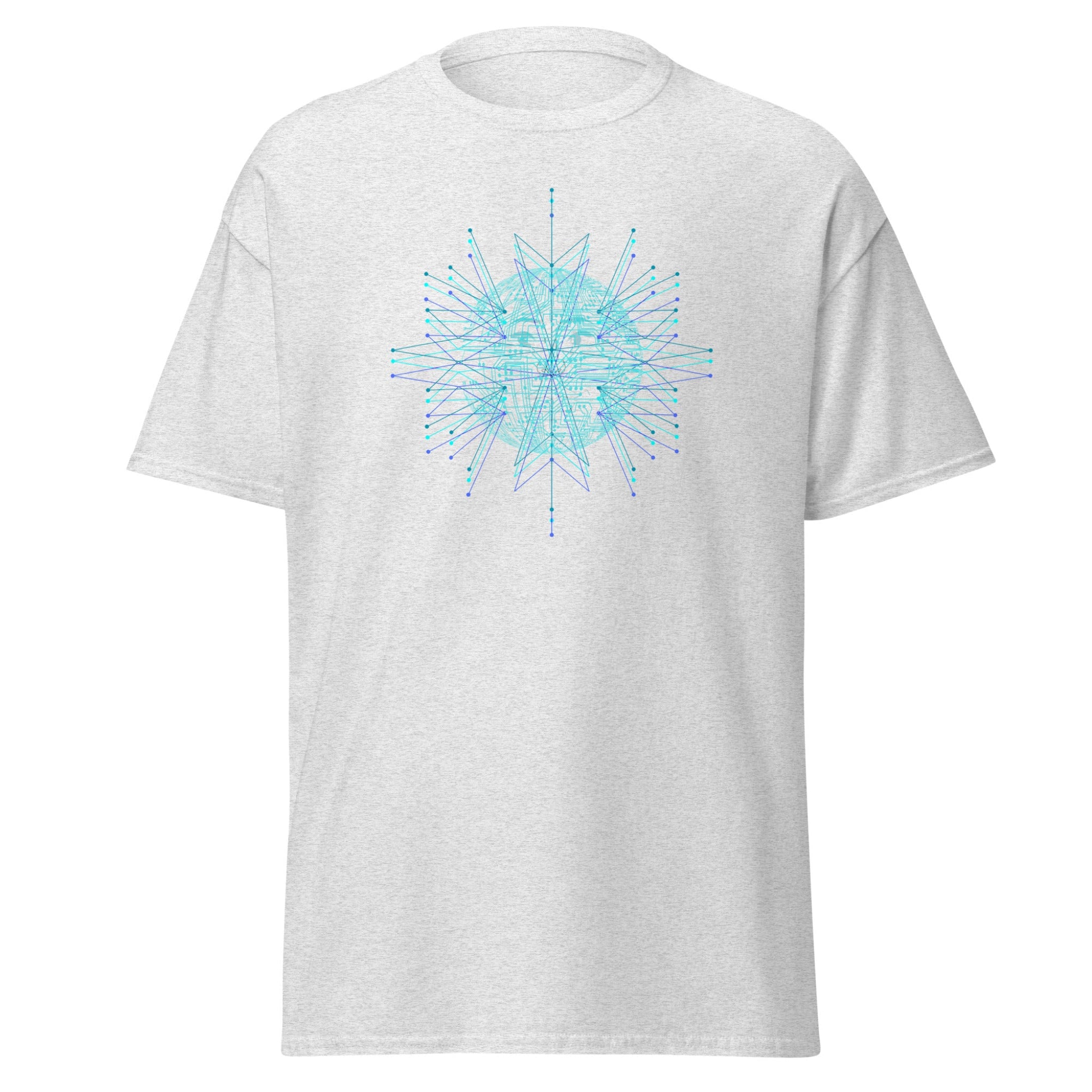 White t-shirt with a blue geometric design on a white background