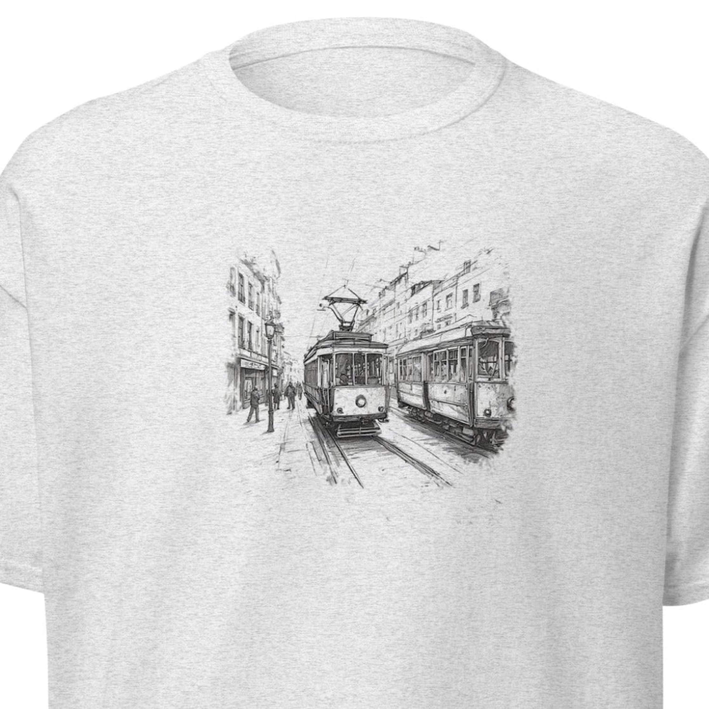 White t-shirt with a black and white graphic of two trams on a street.