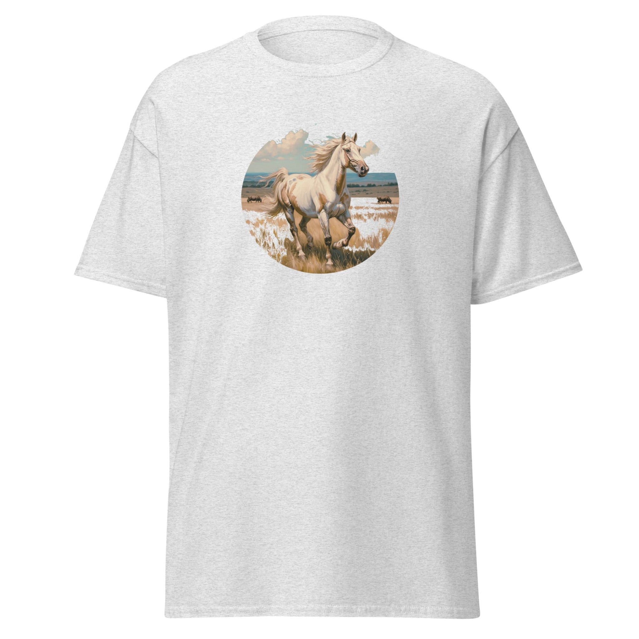 White t-shirt with a circular graphic of a horse on a white background