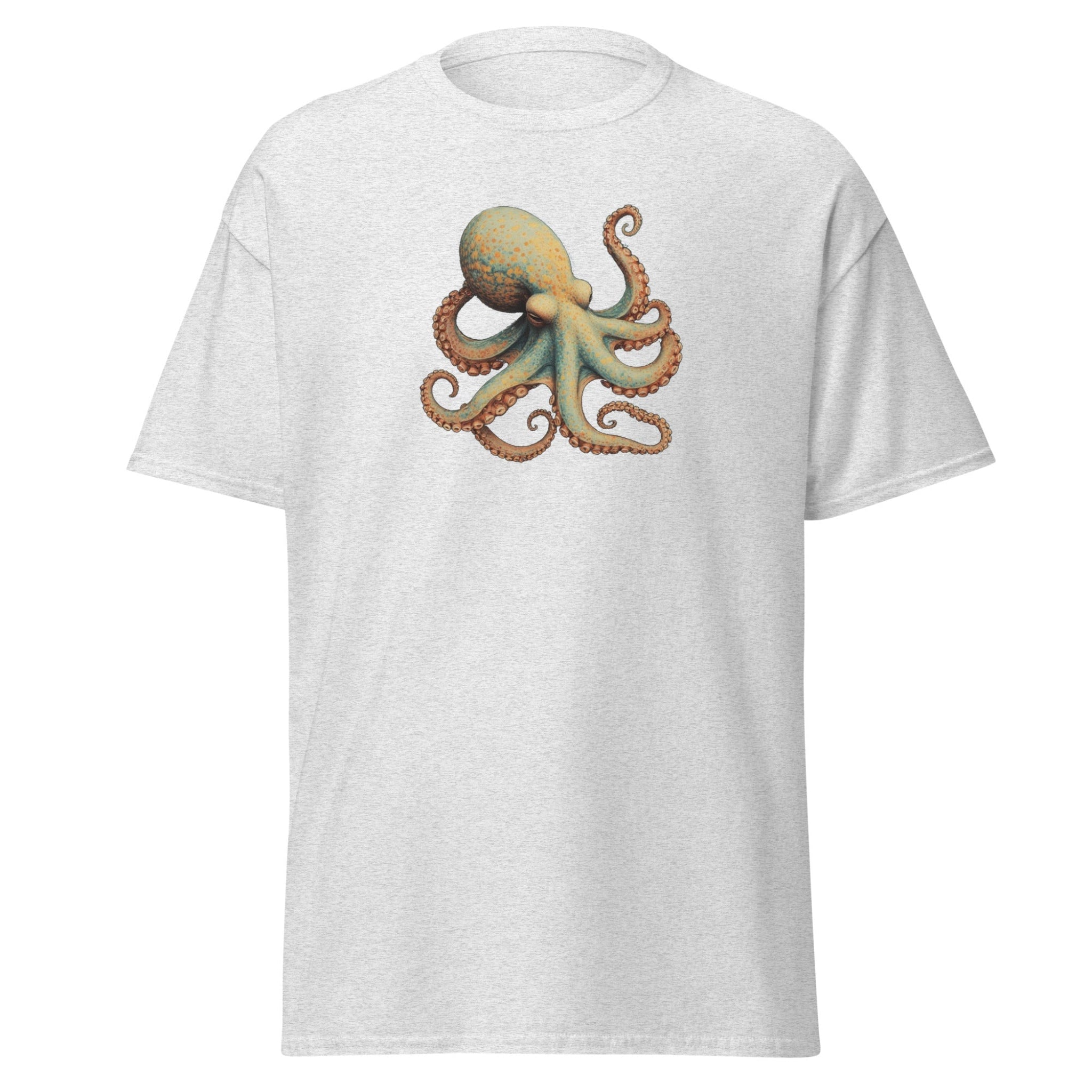 White t-shirt with a colorful octopus design on a white background