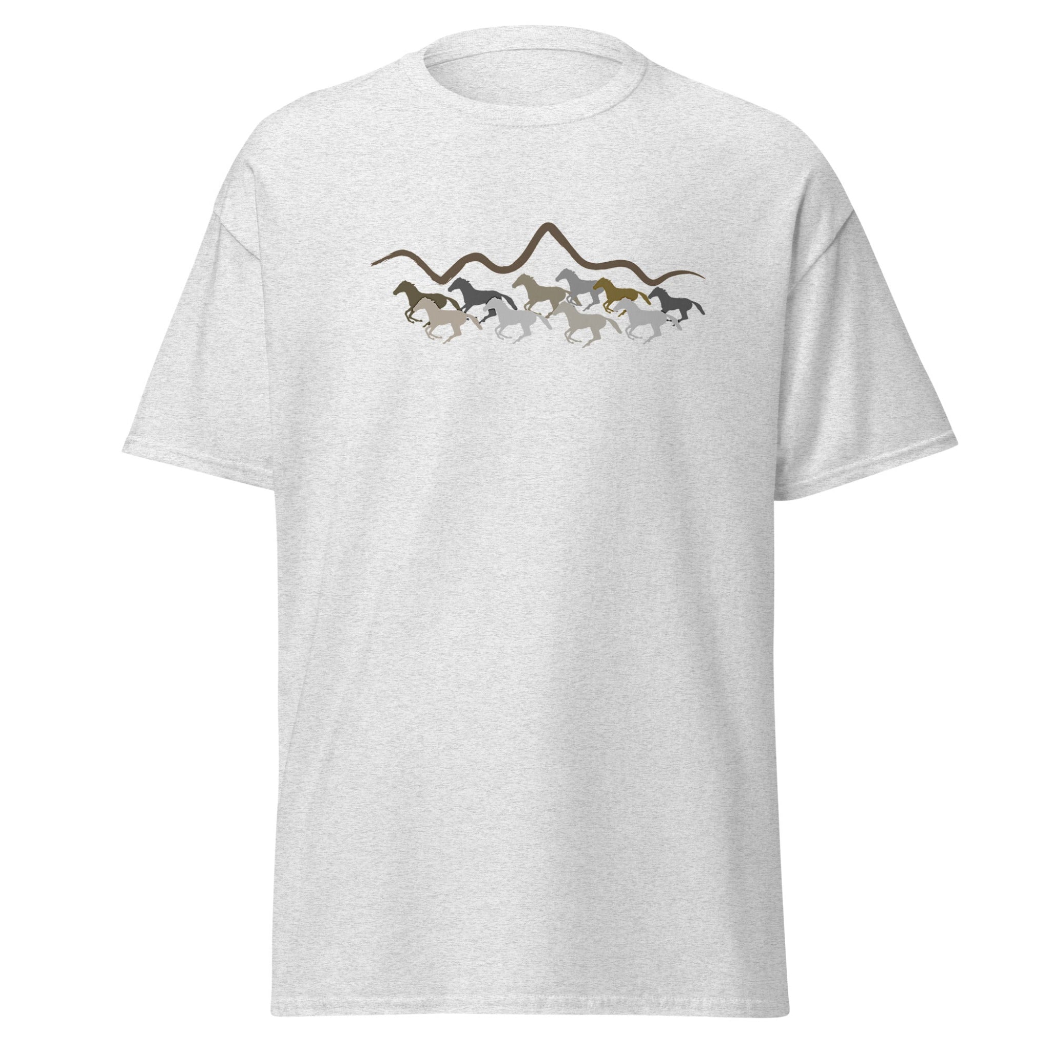 Grey unisex t-shirt with a running wild horses and mountain silhouette graphic design in earth tones, laid flat on a white background