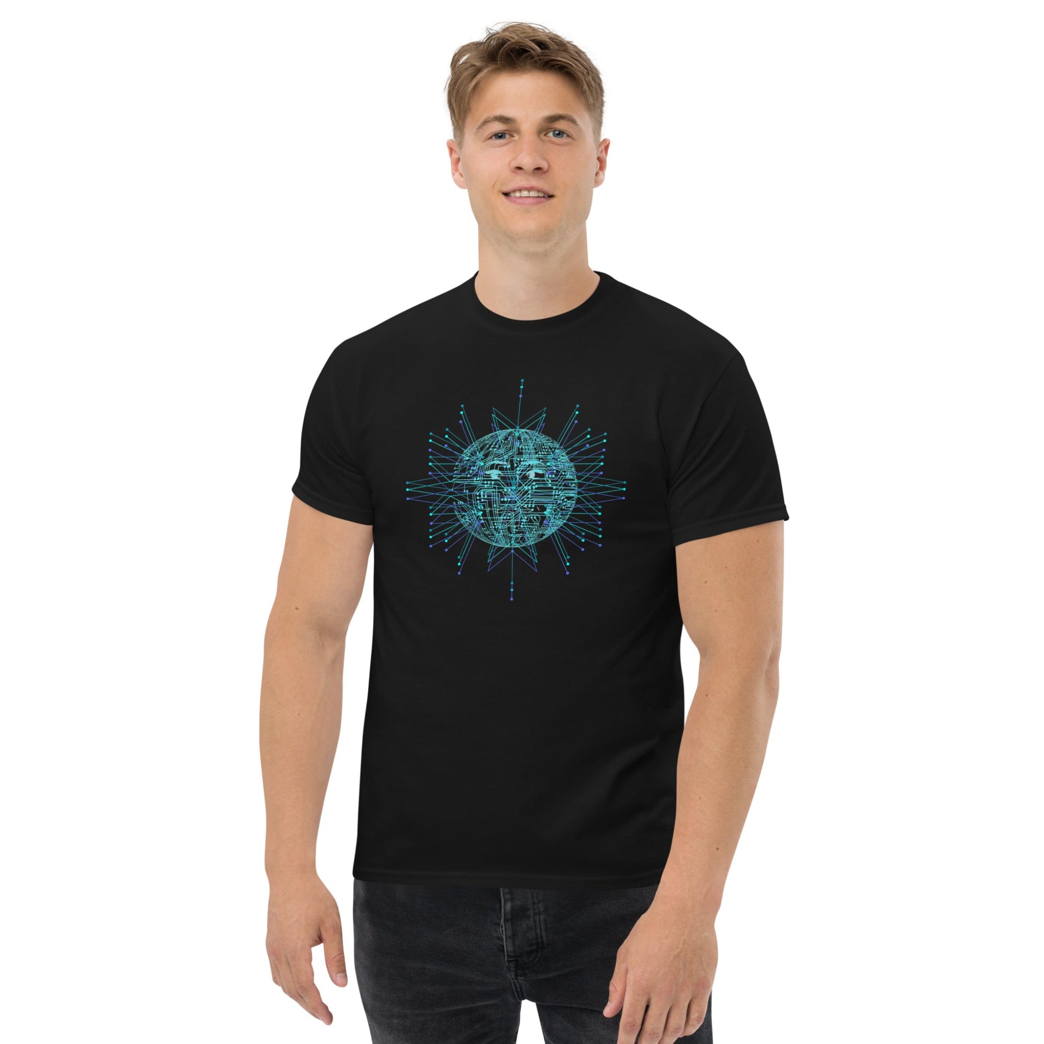 Person wearing a black t-shirt with a blue geometric design on a white background