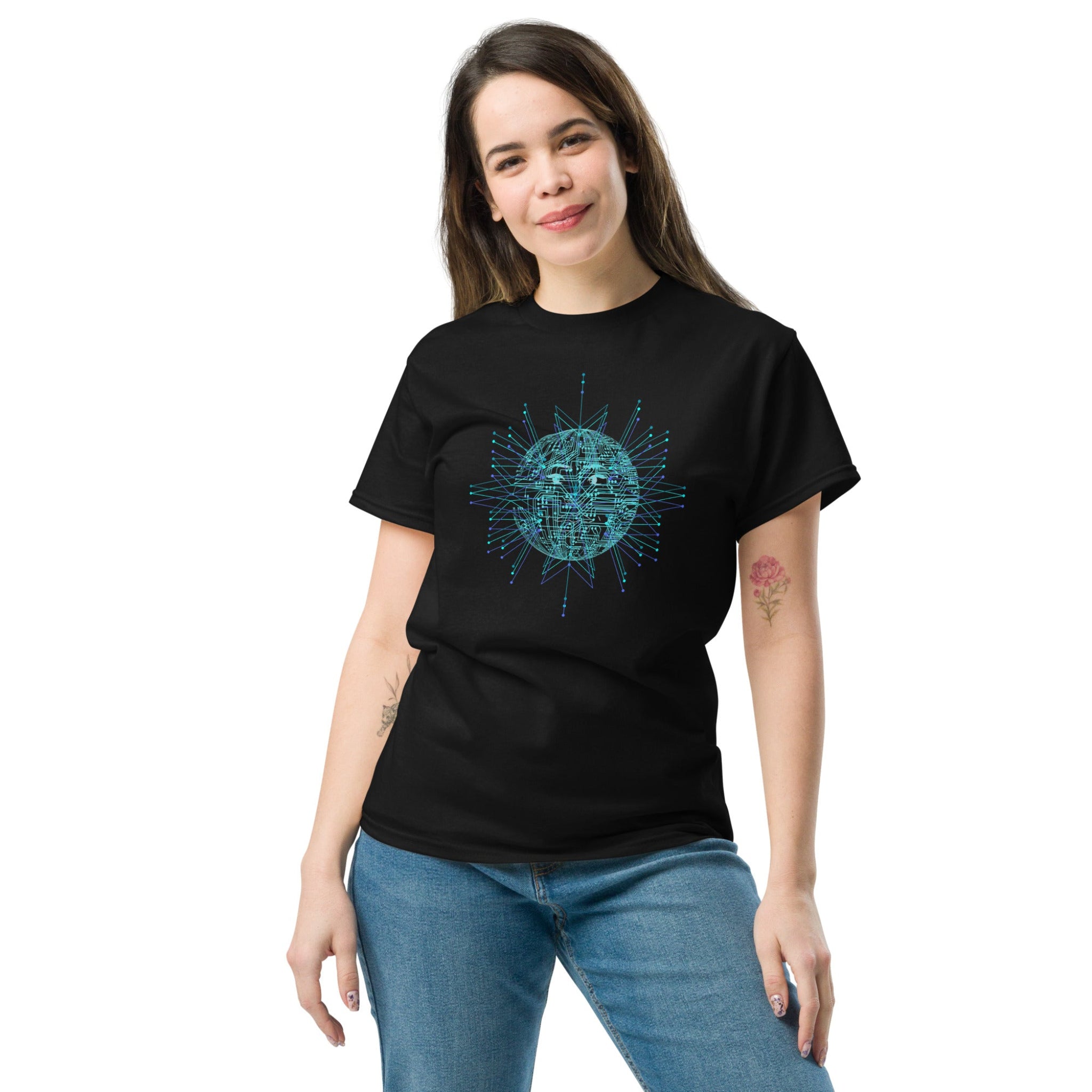 Woman wearing a black t-shirt with a graphic design on a white background