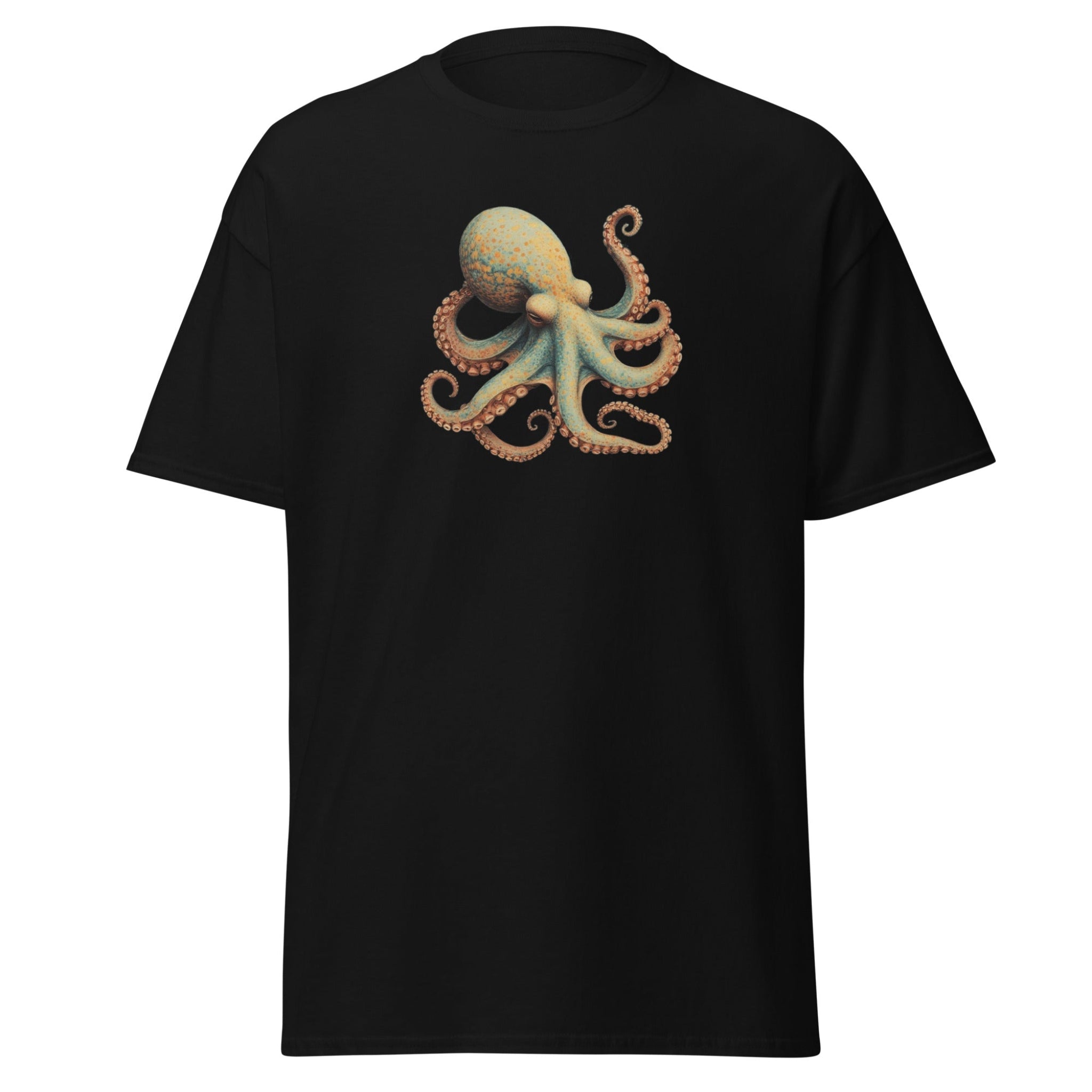 Black t-shirt with a colorful octopus design on a white background