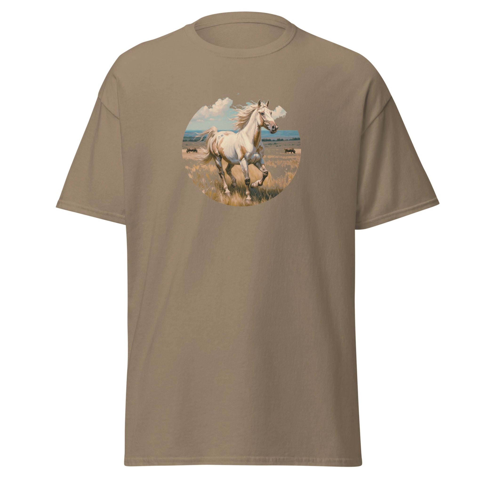Brown t-shirt with a graphic of a horse running in a field on a white background