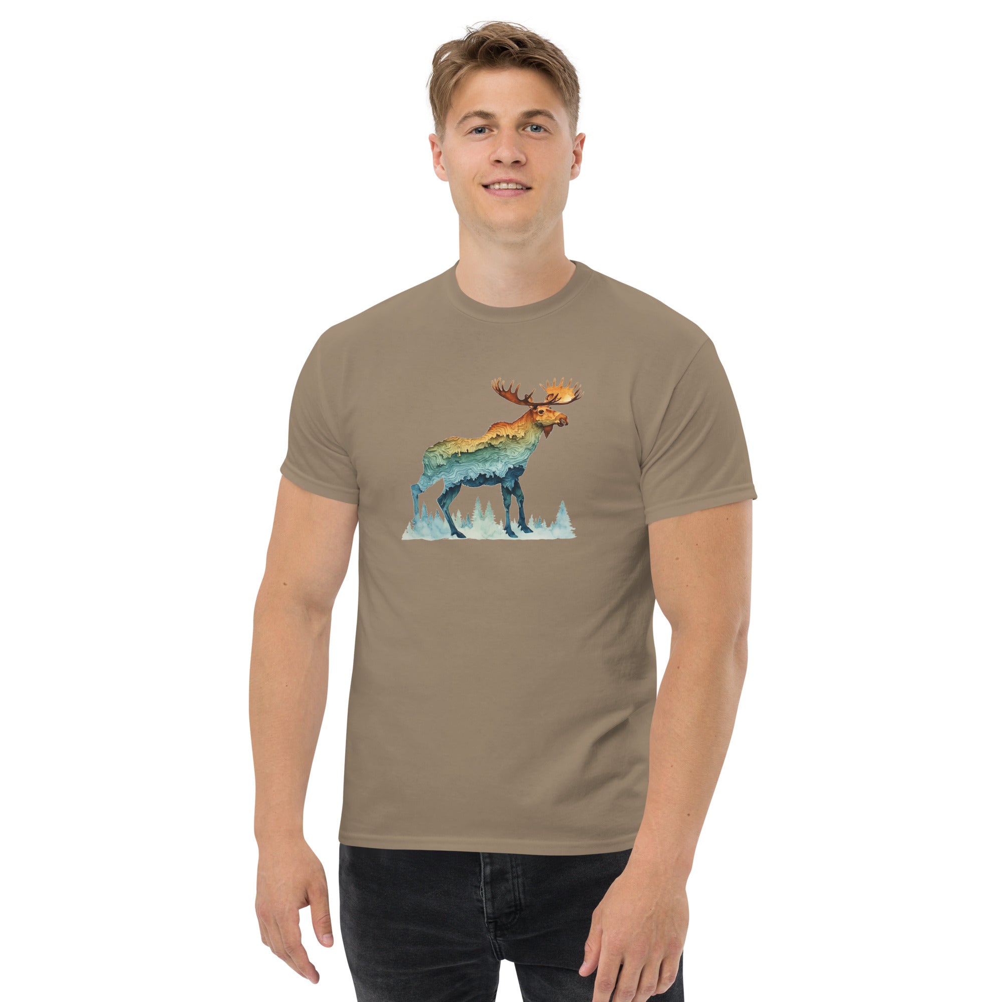 Man wearing t-shirt with a colorful moose graphic on a white background.