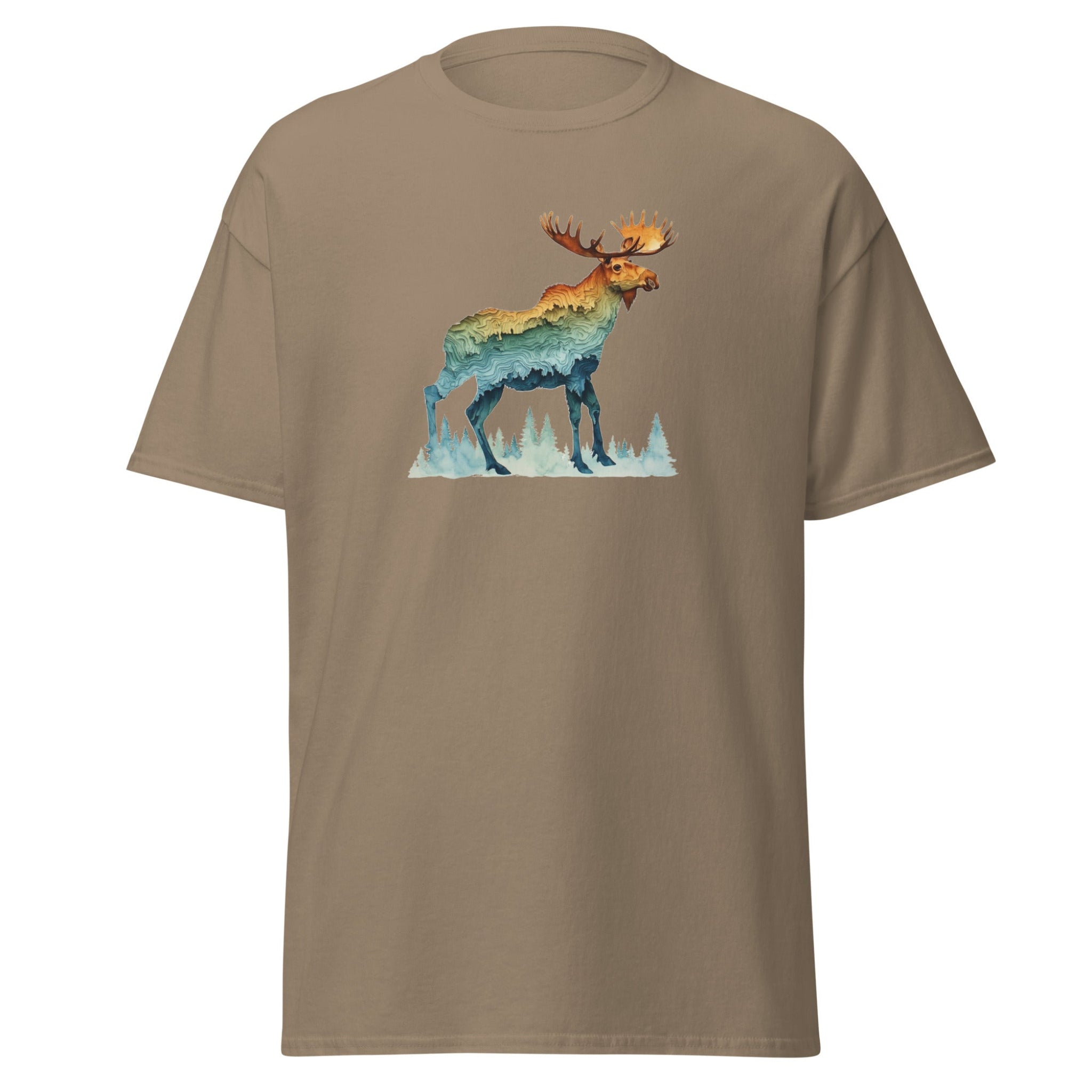 Brown t-shirt with a colorful moose graphic on a white background.