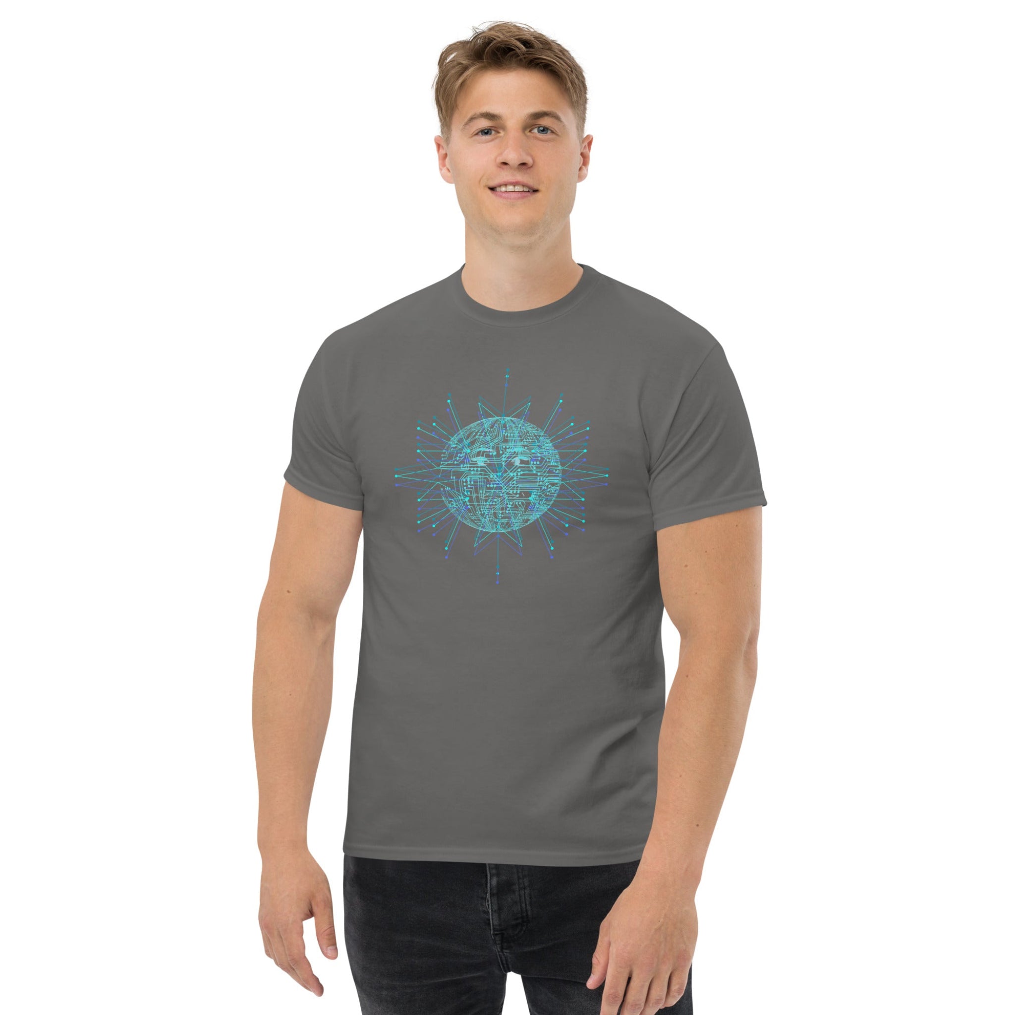Man wearing a gray t-shirt with a blue geometric design on a white background