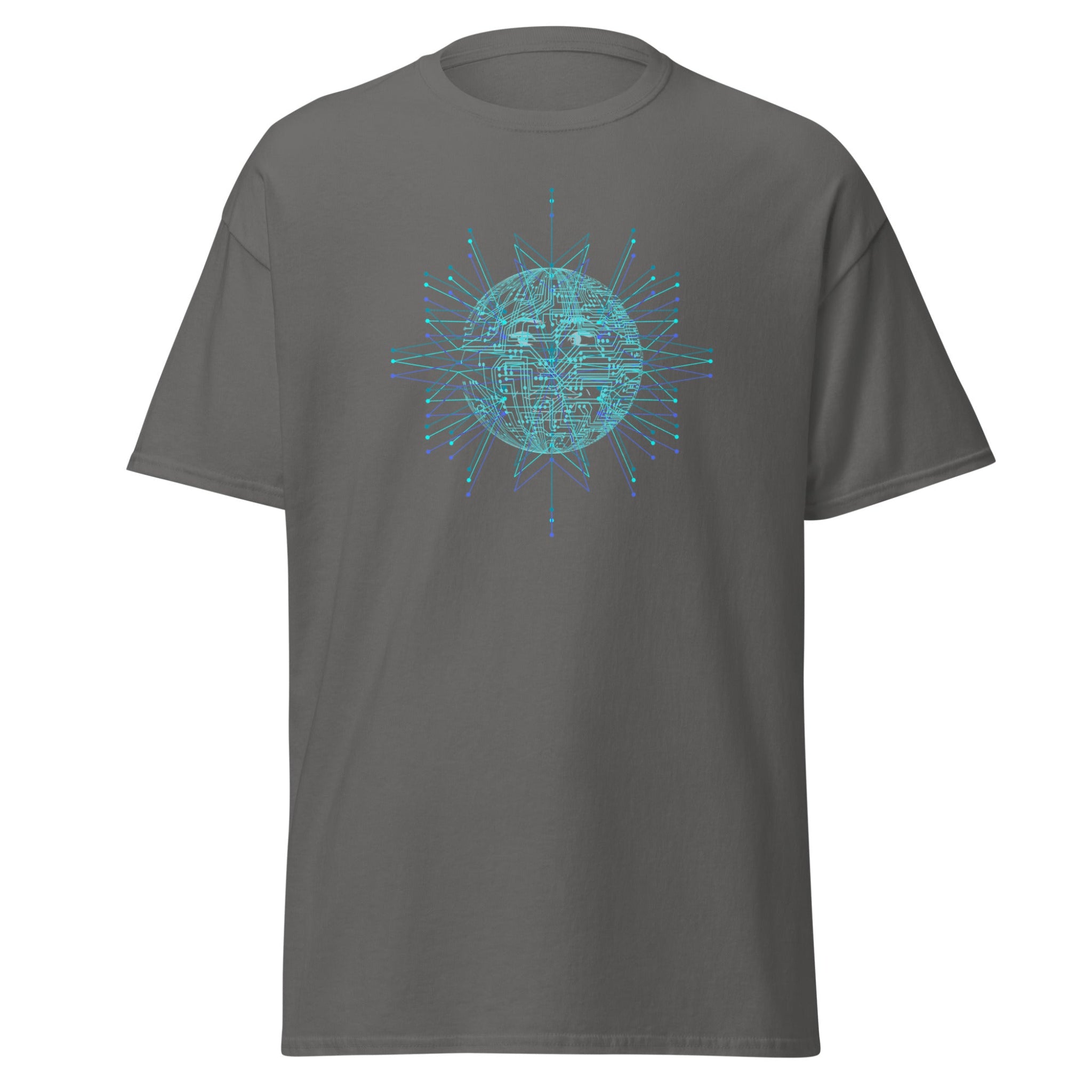 Gray t-shirt with a blue geometric sun design on a white background