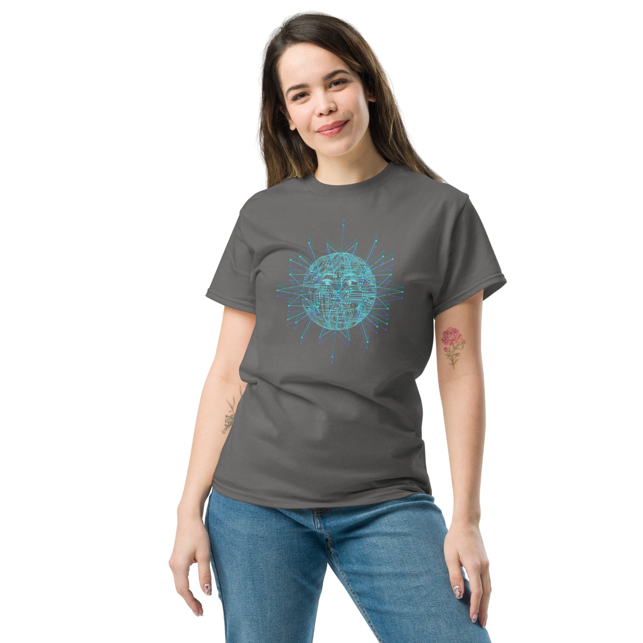 Woman wearing a gray t-shirt with a  blue geometric sun design on a white background