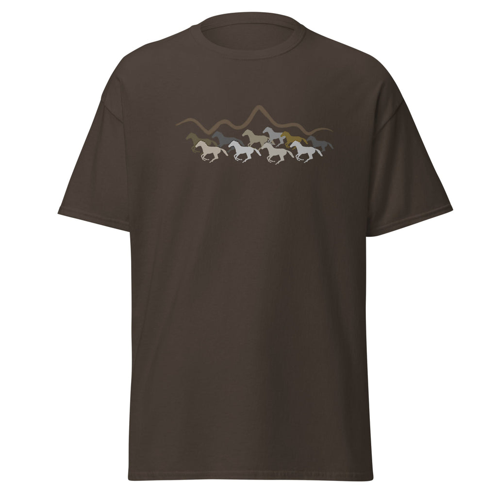 Brown t-shirt with horse graphic on a white background