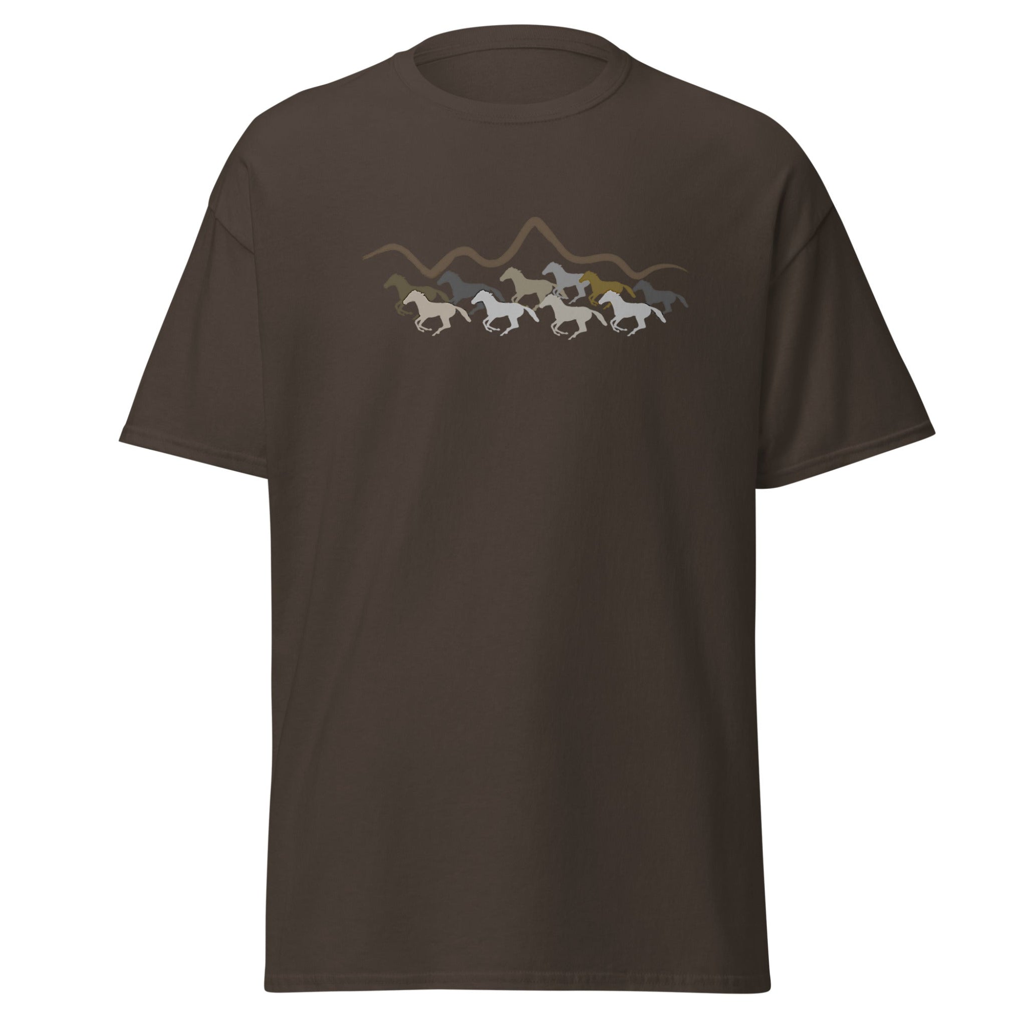 Brown t-shirt with horse graphic on a white background