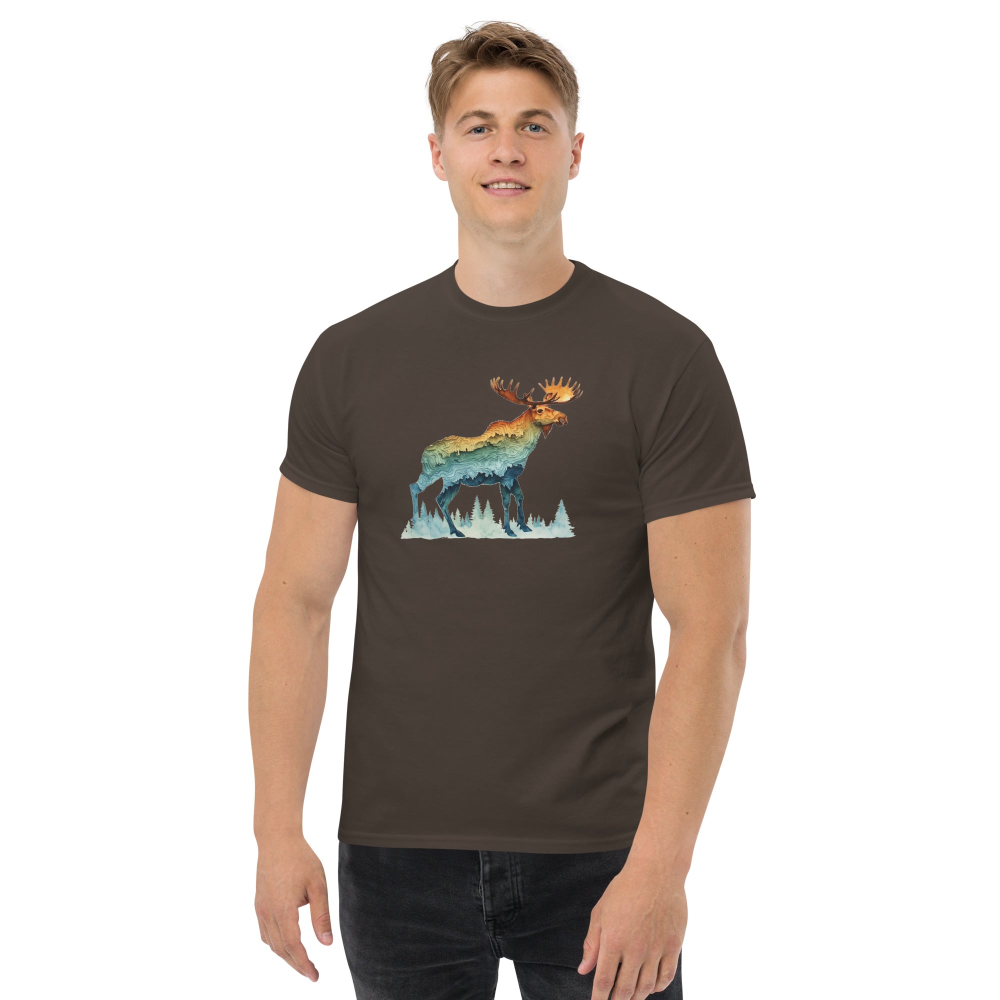 Man wearing t-shirt with a colorful moose graphic on a white background.