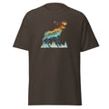 Brown t-shirt with a colorful moose graphic on a white background.