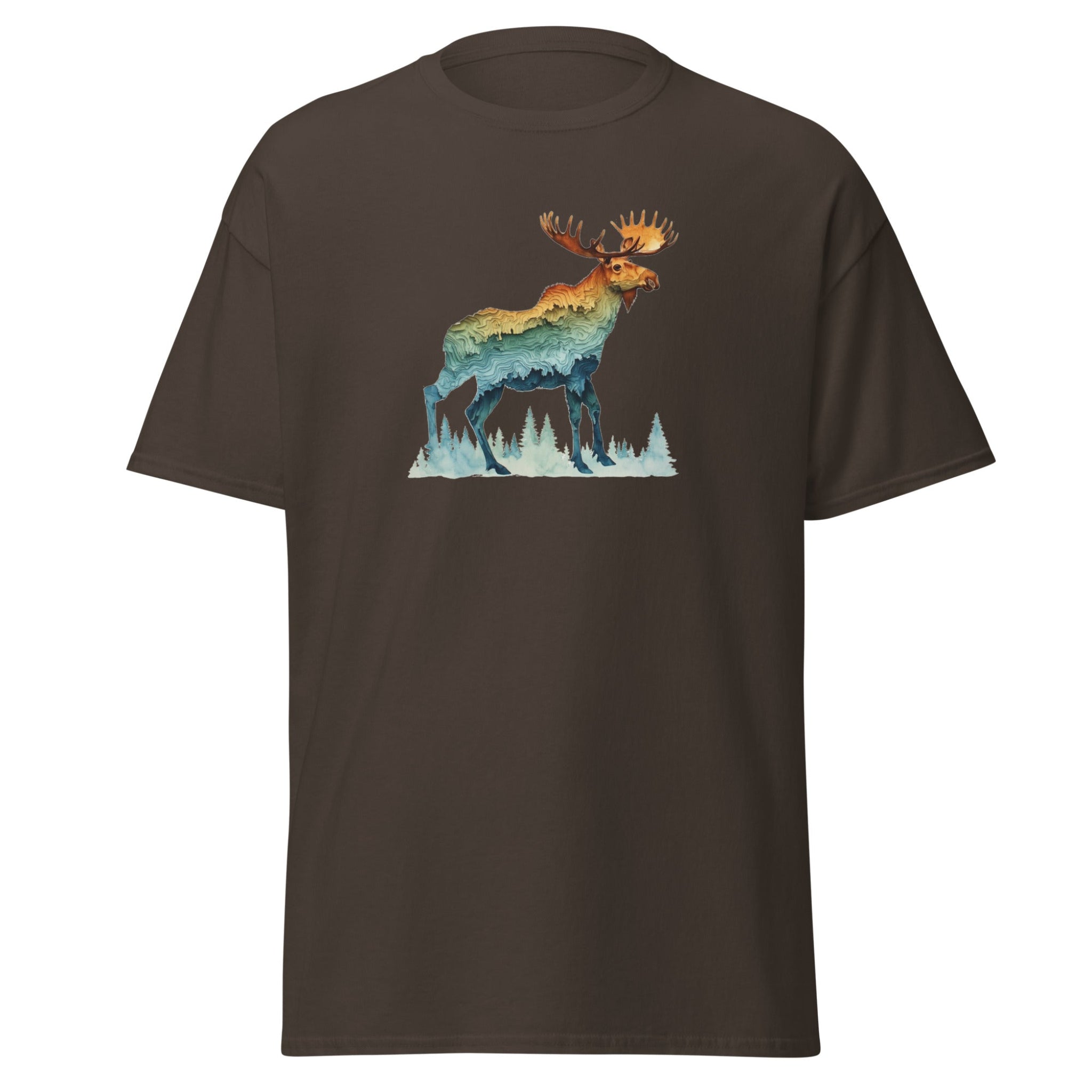 Brown t-shirt with a colorful moose graphic on a white background.