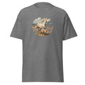 Close-up of a graphic t-shirt featuring a majestic American Paint Horse galloping across a sun-drenched open prairie in a circular nature landscape design.