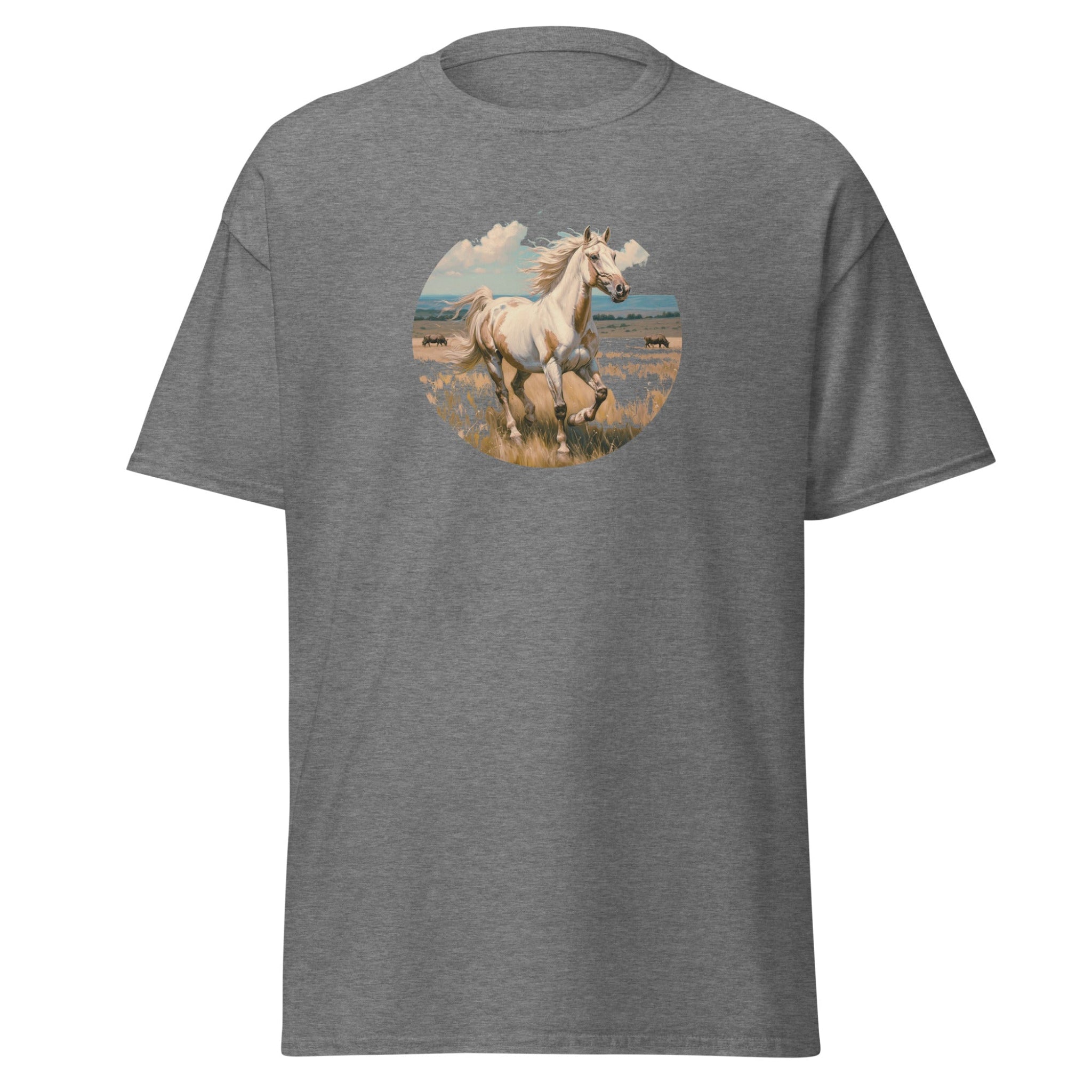 Close-up of a graphic t-shirt featuring a majestic American Paint Horse galloping across a sun-drenched open prairie in a circular nature landscape design.